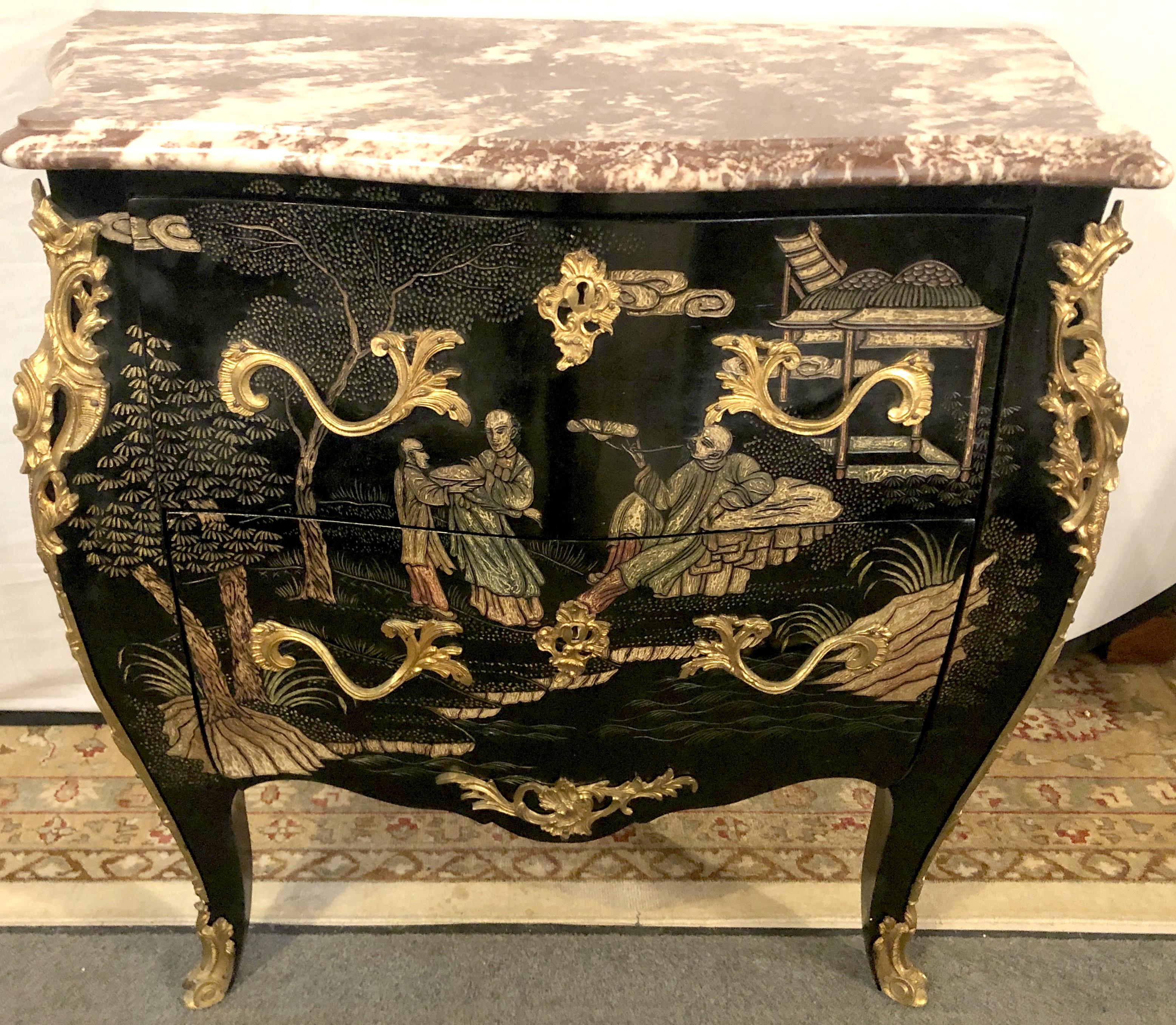 Chinese Export Antique Louis XV Style Ebonized & Bronze-Mounted Chinoiserie Marble-Top Commode