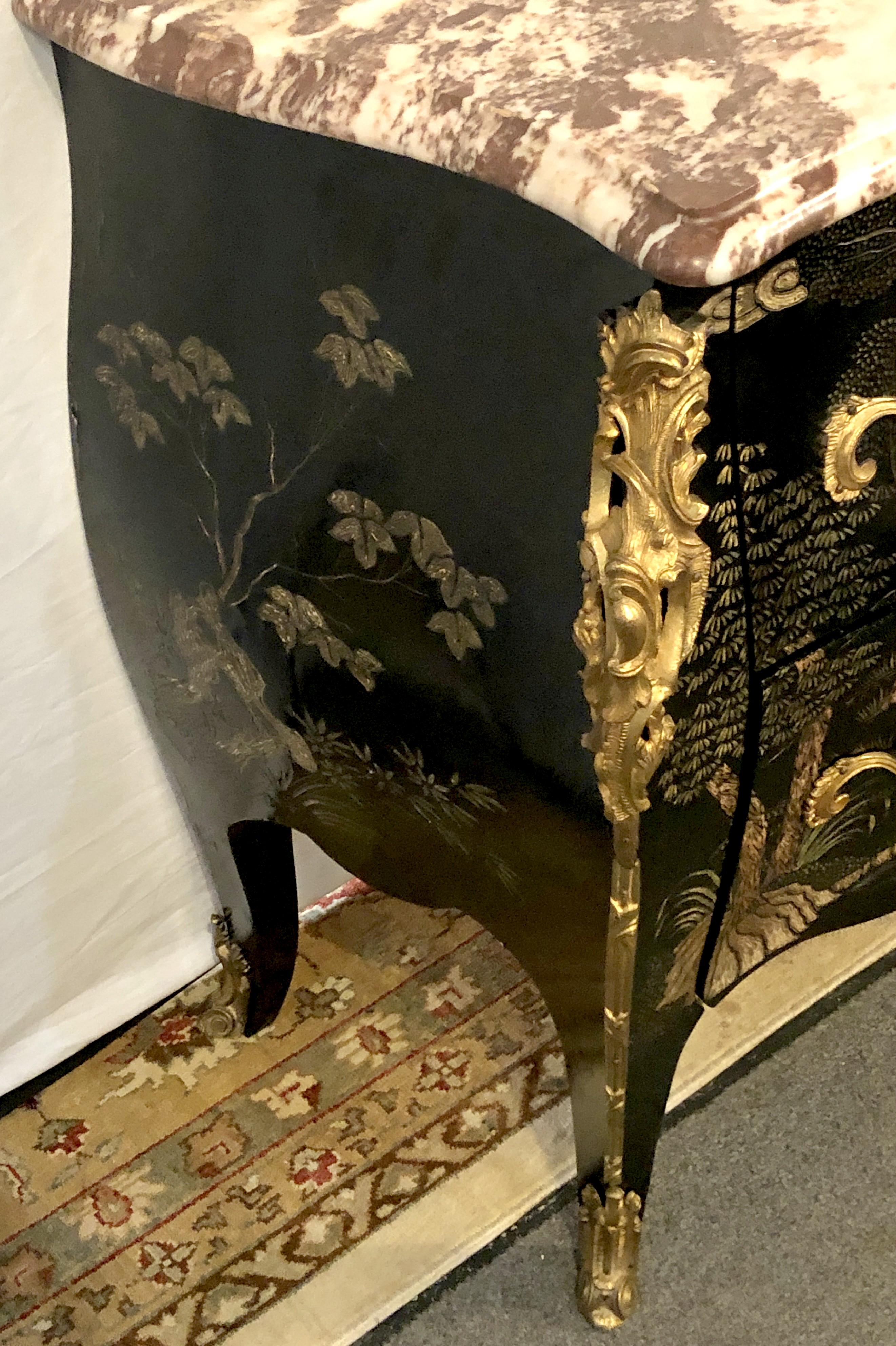 Antique Louis XV Style Ebonized & Bronze-Mounted Chinoiserie Marble-Top Commode 1