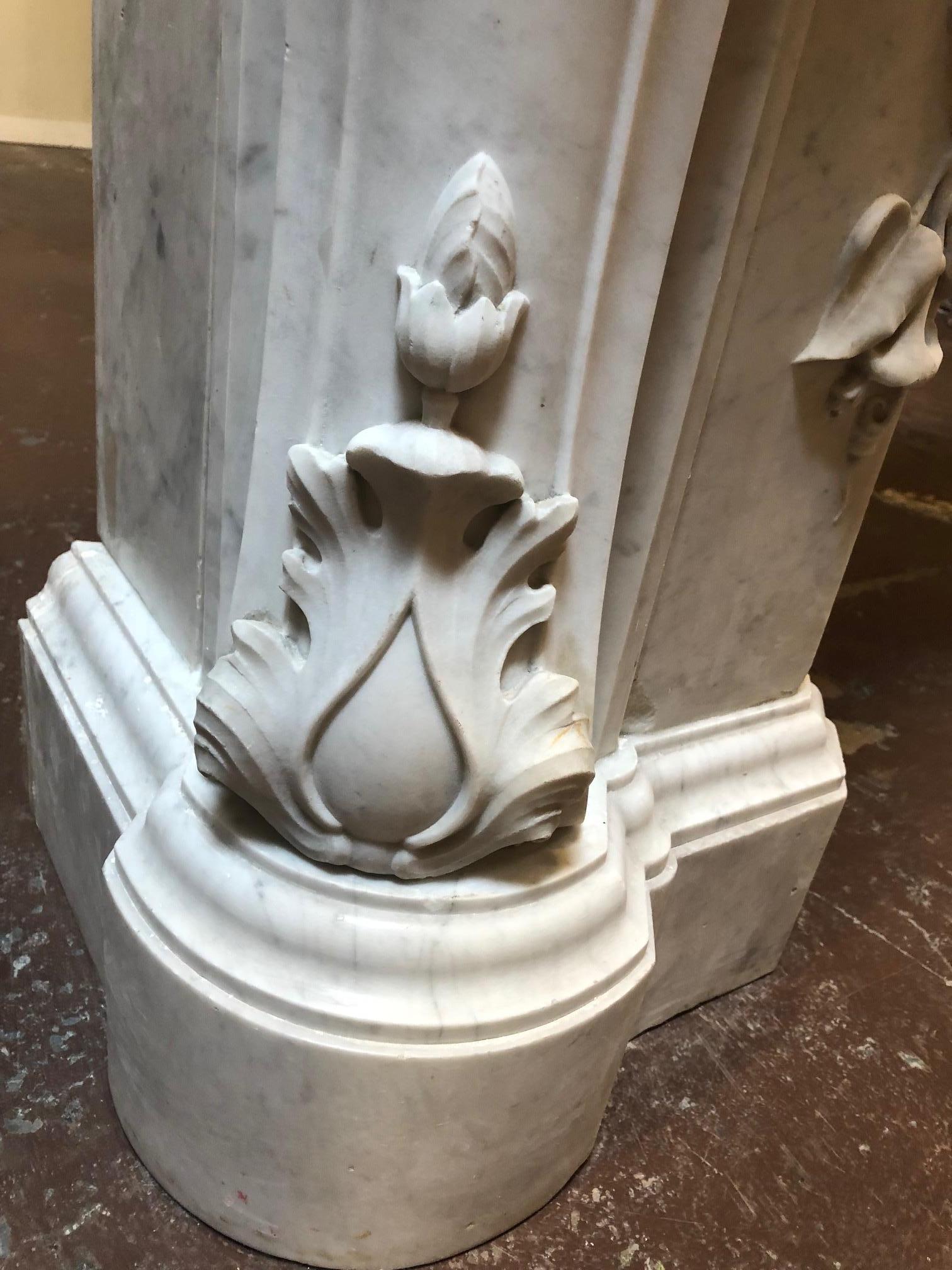 Hand-Carved Antique Louis XV Style Fireplace in Carrara Marble