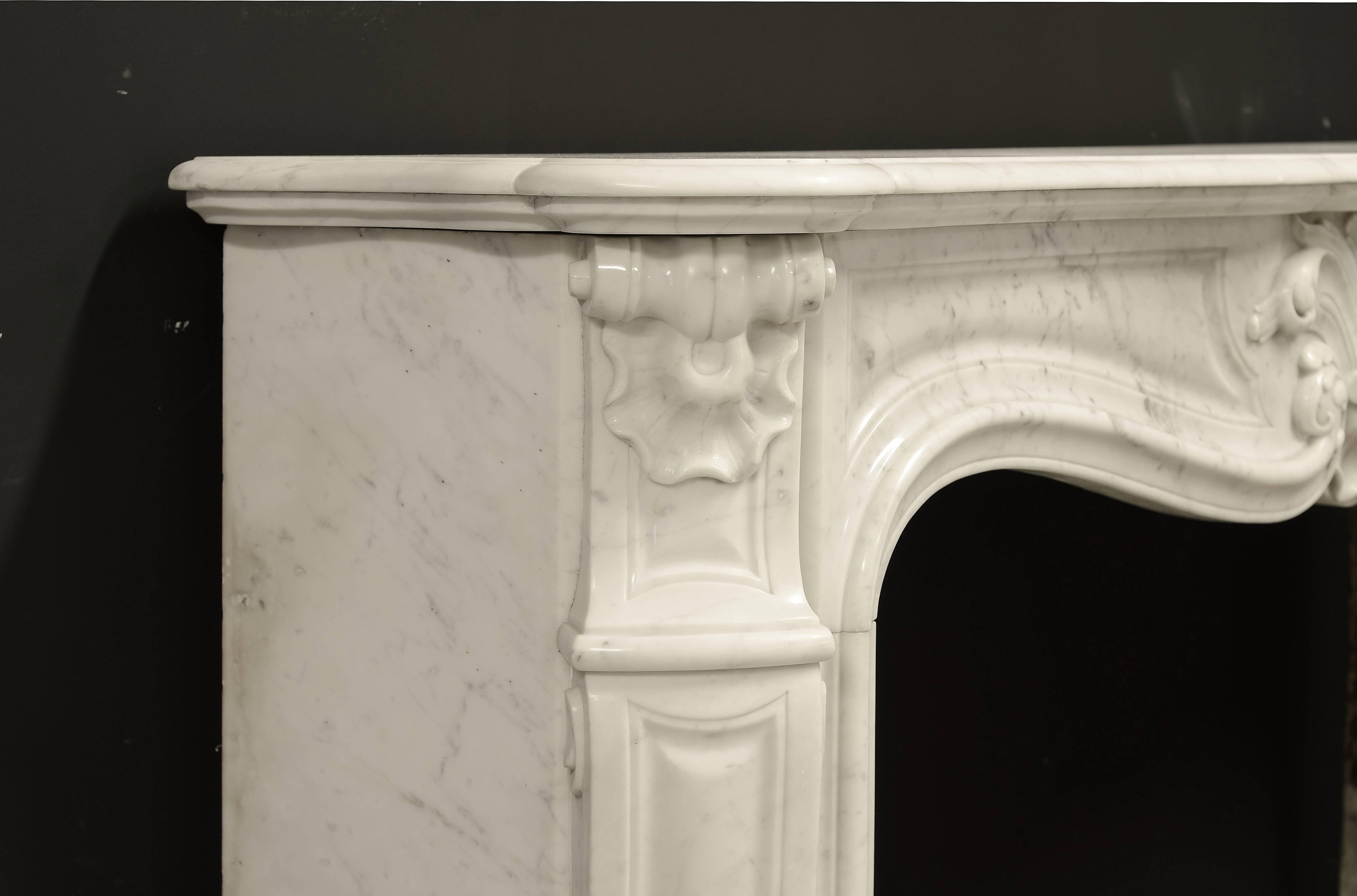French Antique Louis XV Style Fireplace Mantel in Carrara White Marble, 19th Century