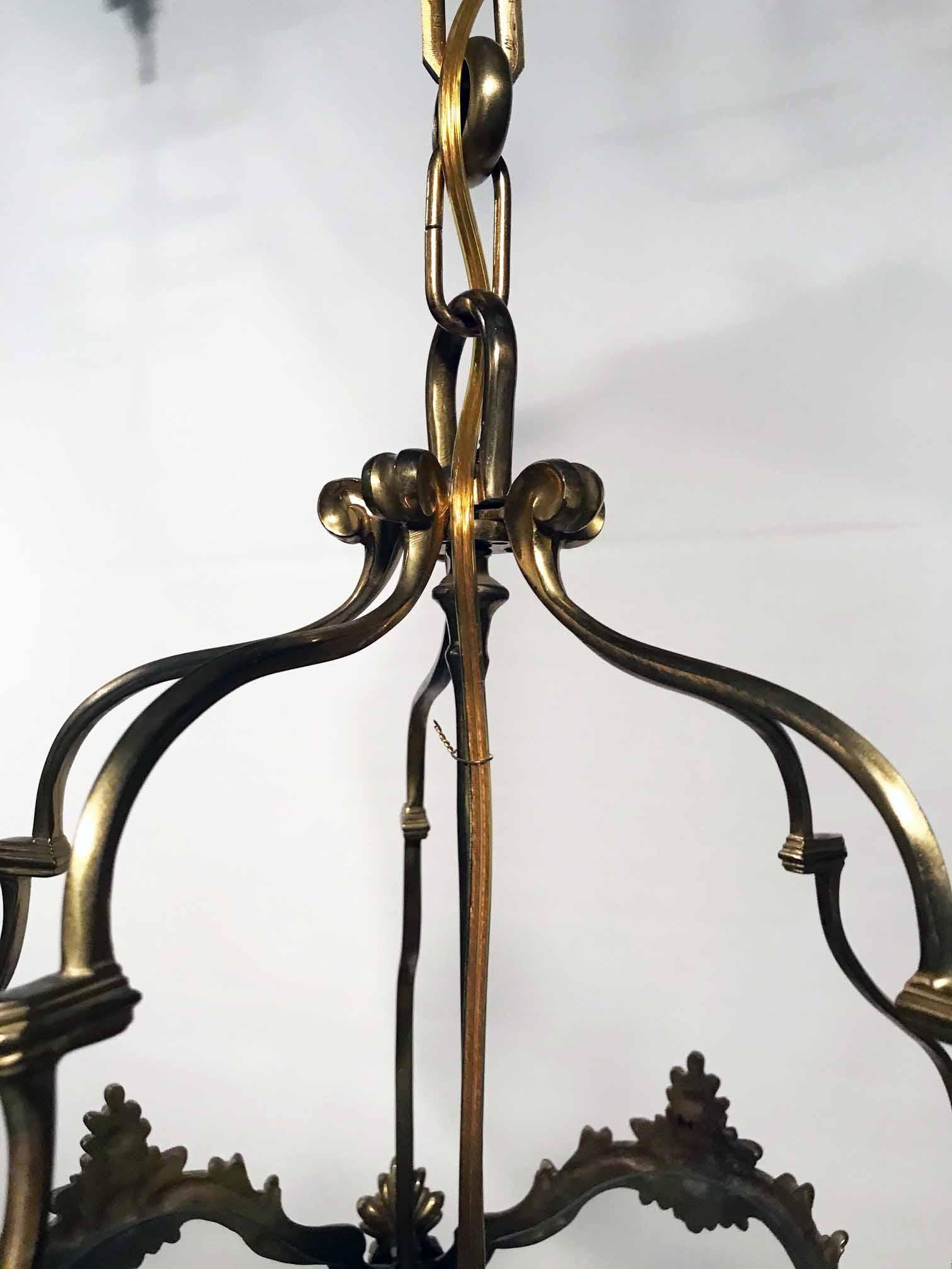 French Antique Louis XV Style Five-Panel Bronze Hall Lantern