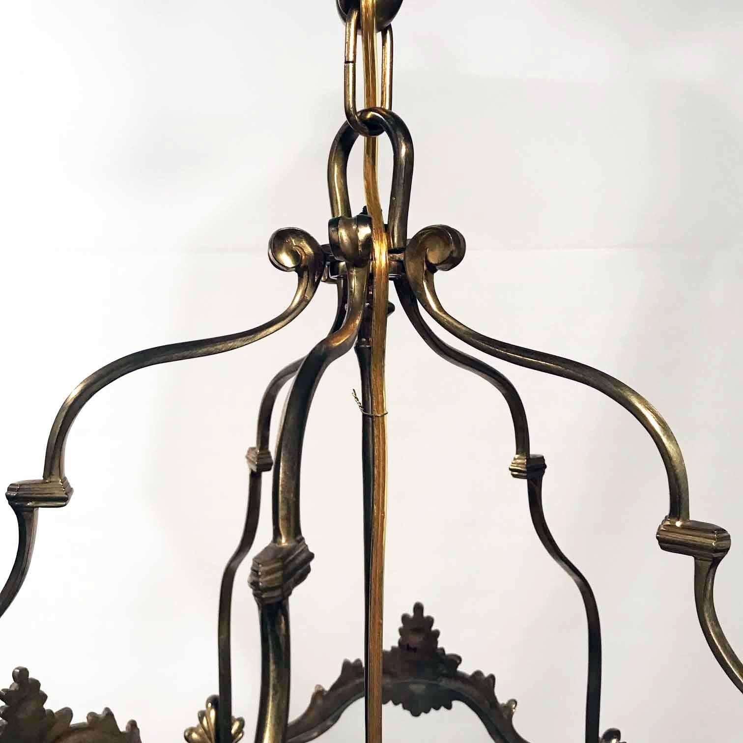 Glass Antique Louis XV Style Five-Panel Bronze Hall Lantern