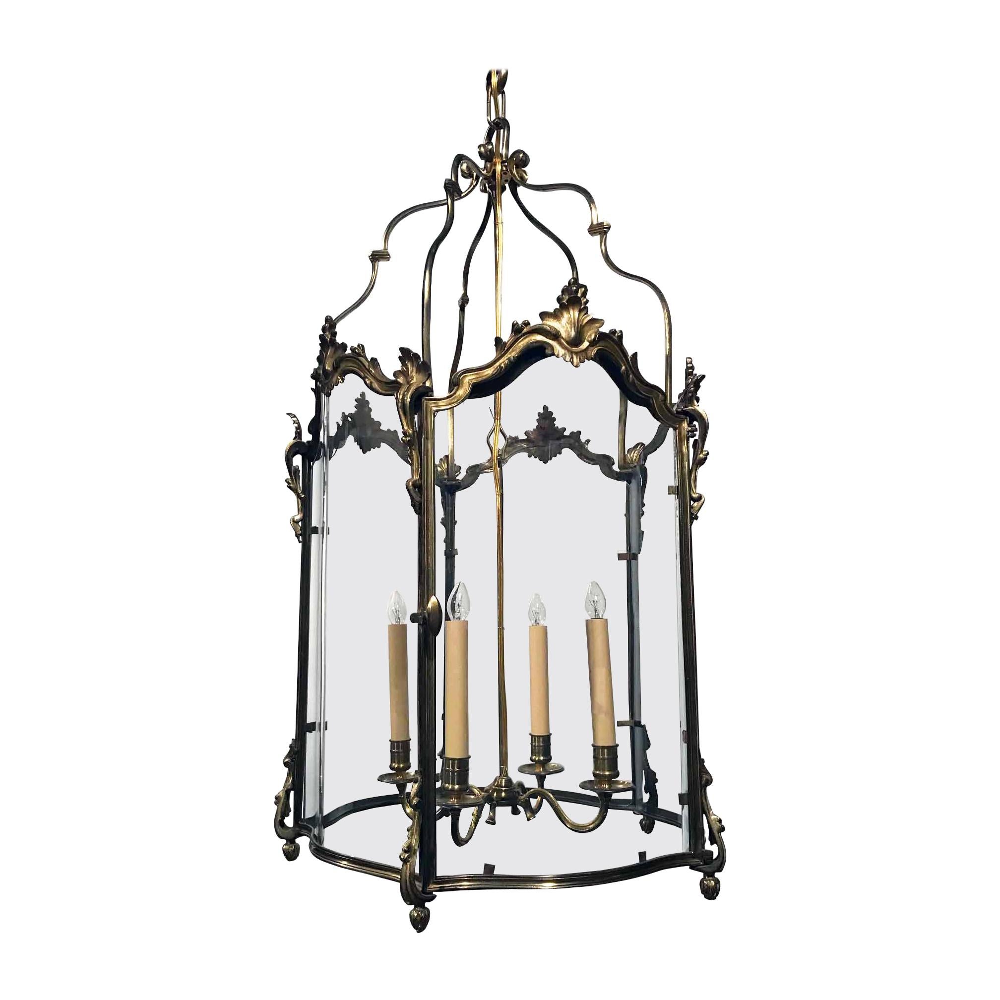 Antique Louis XV Style Five-Panel Bronze Hall Lantern