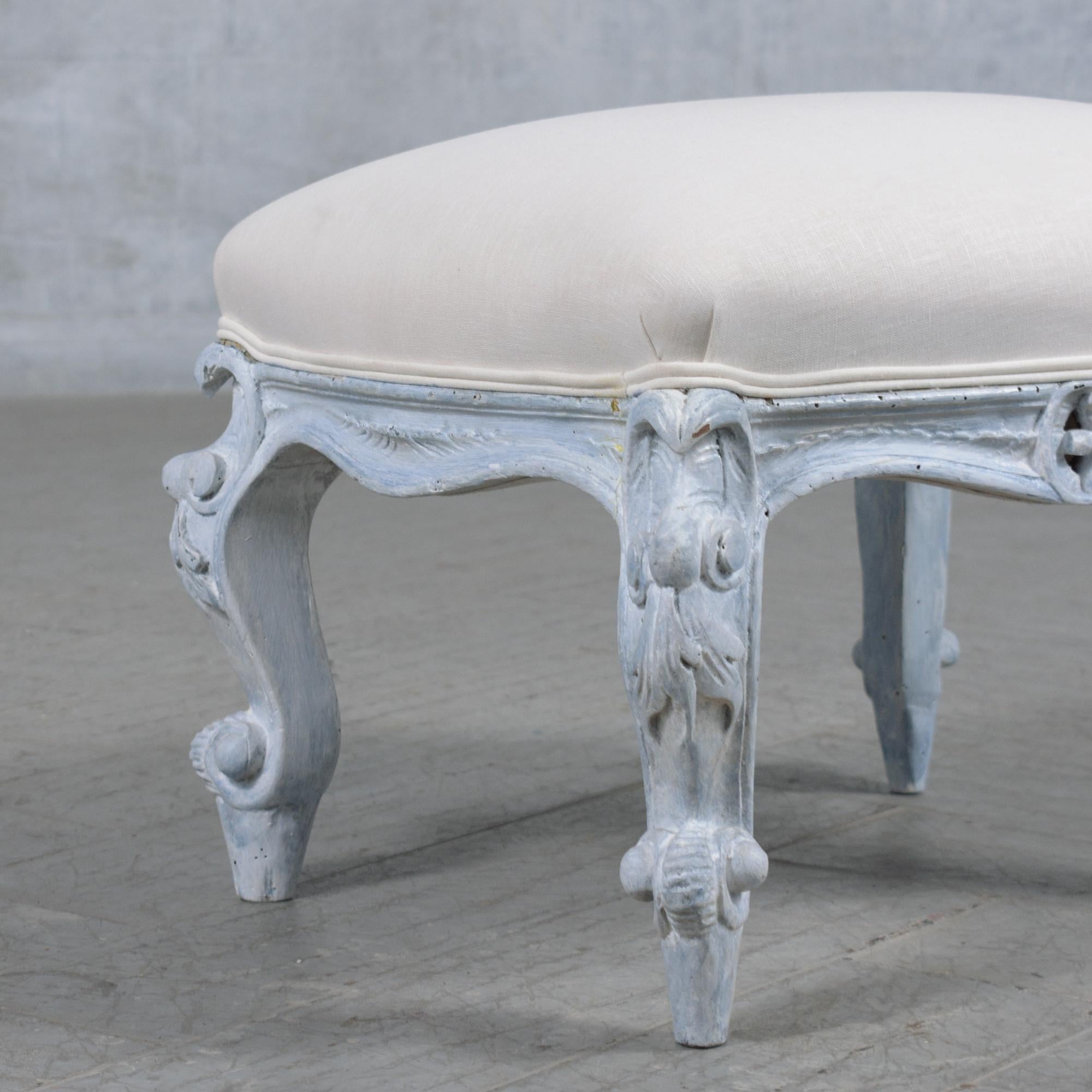 Restored Antique Louis XV Style Footstool in Pale Blue with Linen Upholstery For Sale 3