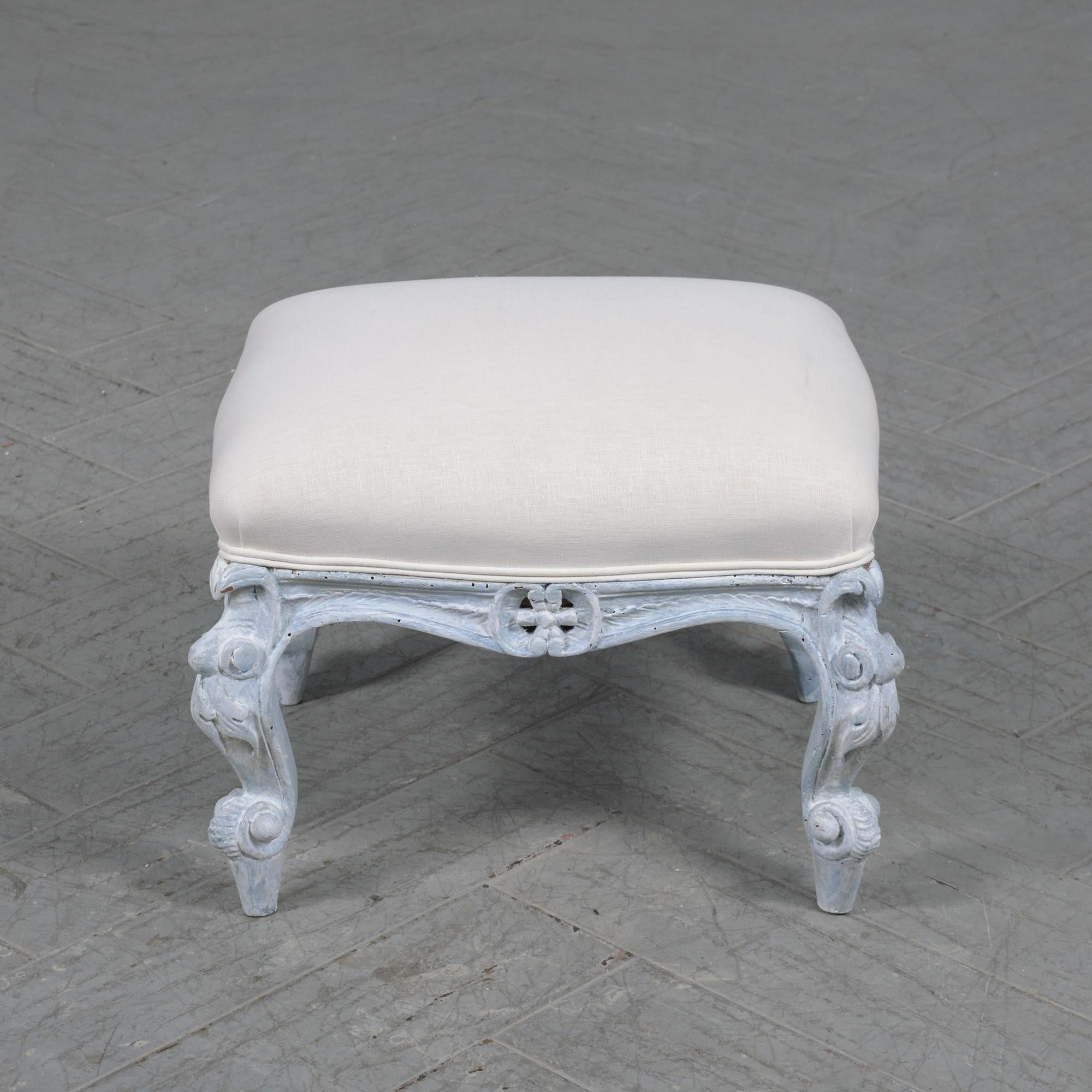 Immerse yourself in the sophistication of French design with our extraordinary antique footstool, a masterpiece crafted in the Louis XV style. Newly restored by our expert team of professional craftsmen, this footstool exemplifies a commitment to