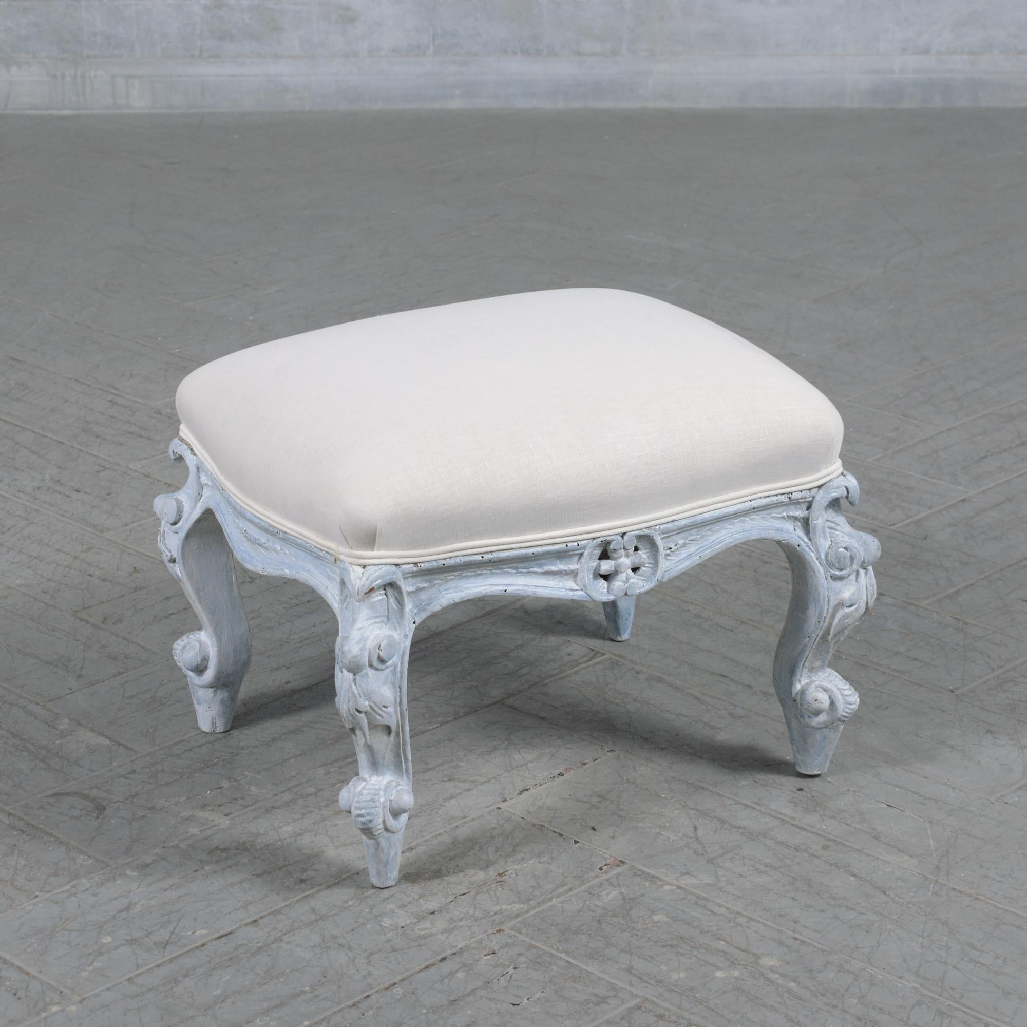 French Restored Antique Louis XV Style Footstool in Pale Blue with Linen Upholstery For Sale