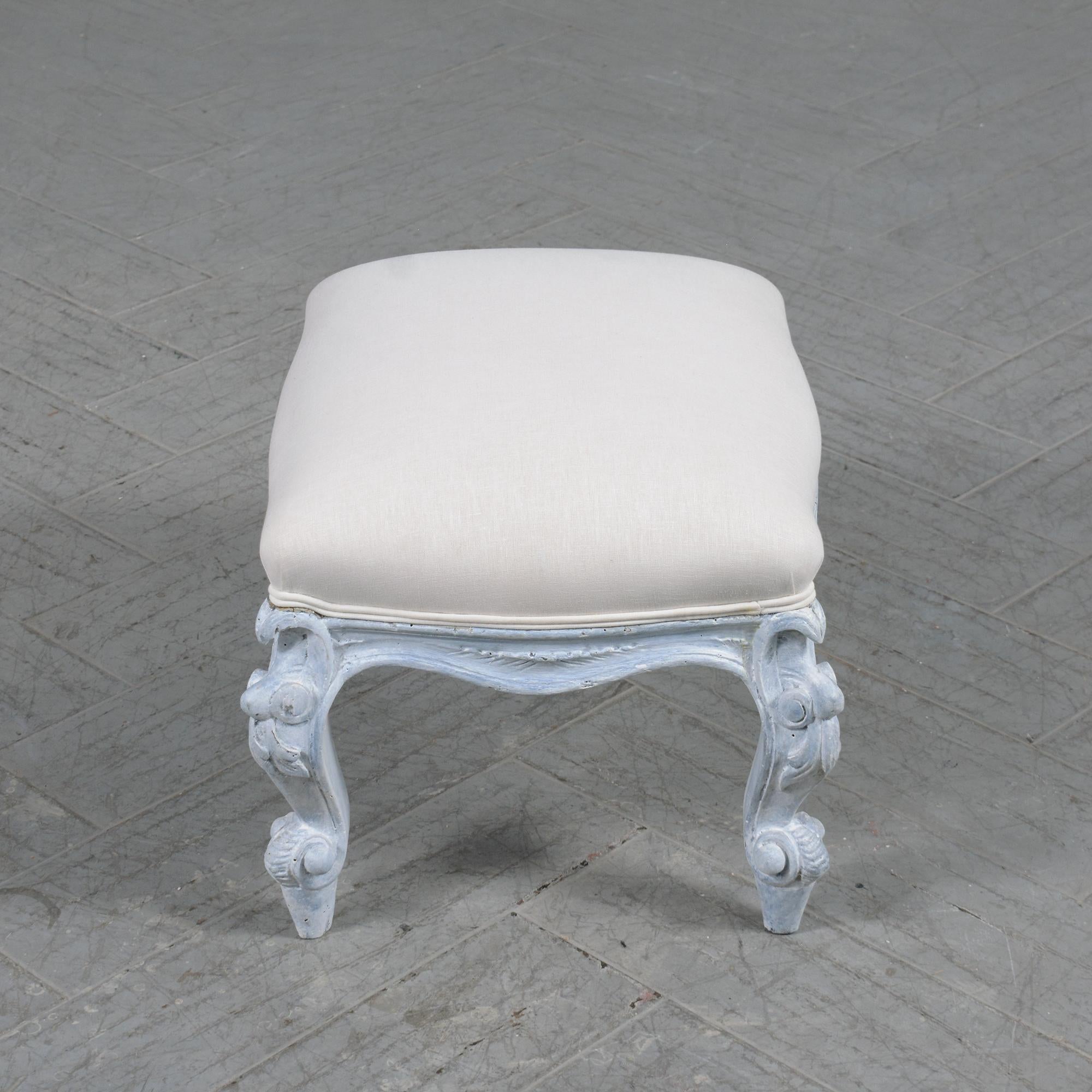 Hand-Painted Restored Antique Louis XV Style Footstool in Pale Blue with Linen Upholstery For Sale