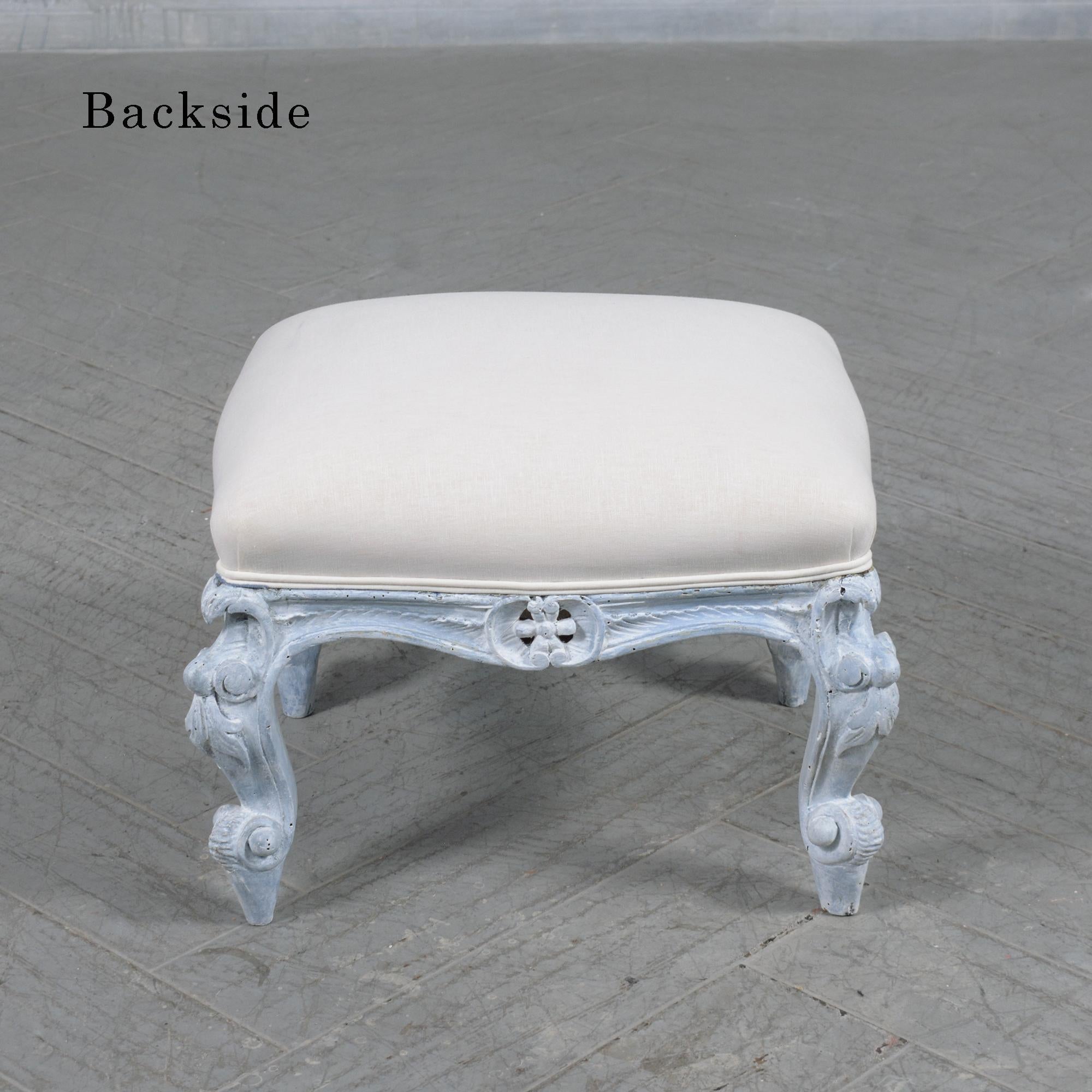 Restored Antique Louis XV Style Footstool in Pale Blue with Linen Upholstery In Good Condition For Sale In Los Angeles, CA