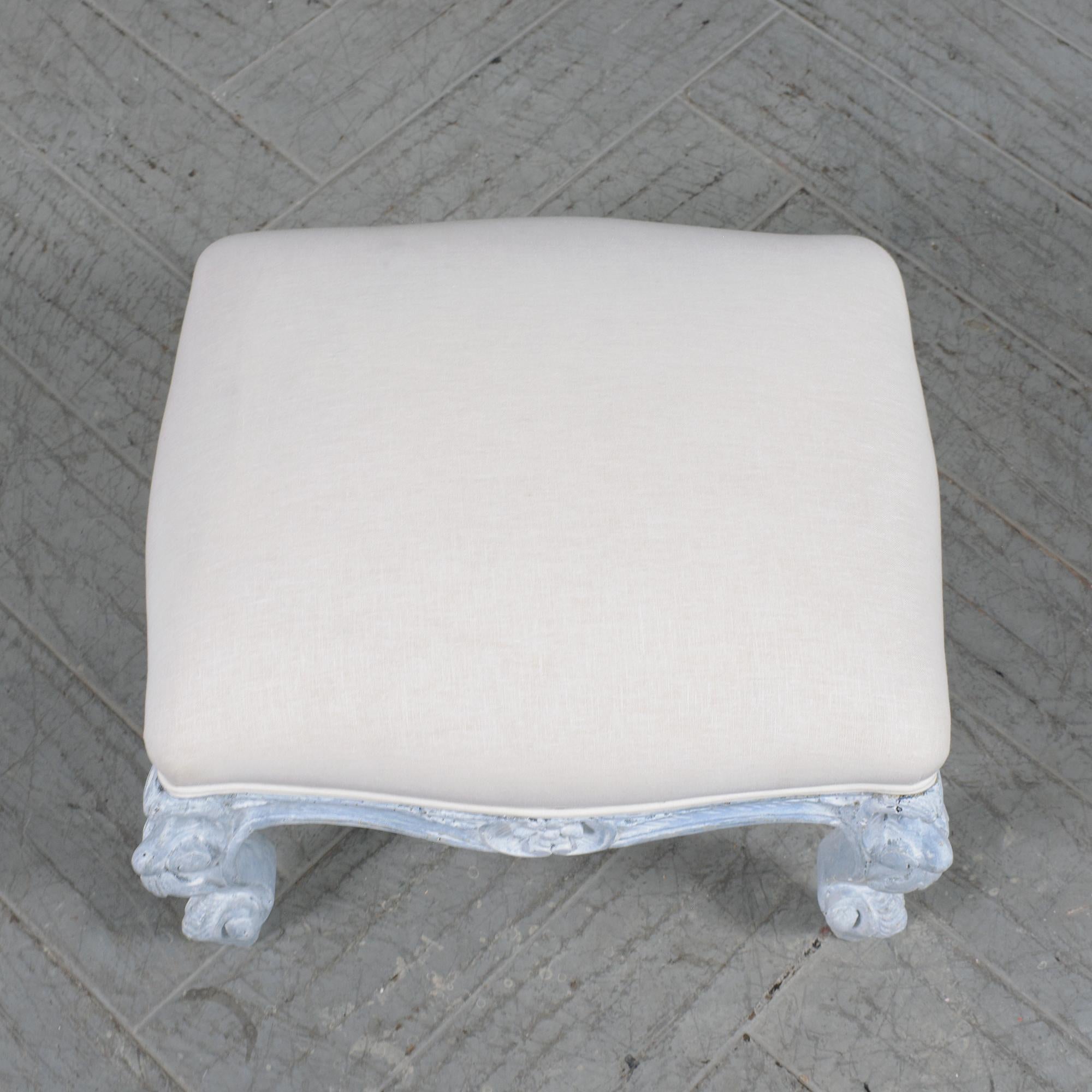 Early 20th Century Restored Antique Louis XV Style Footstool in Pale Blue with Linen Upholstery For Sale