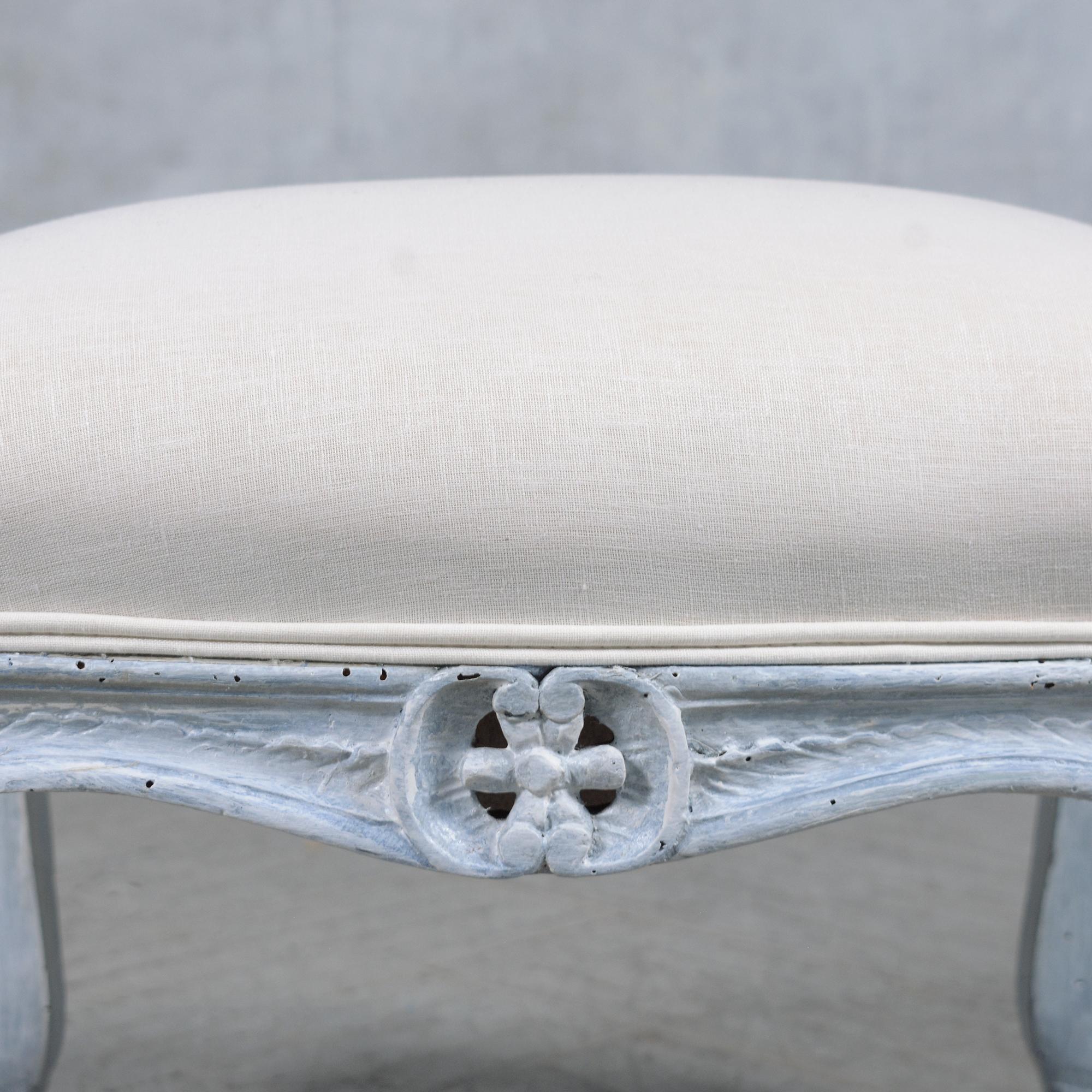 Restored Antique Louis XV Style Footstool in Pale Blue with Linen Upholstery For Sale 1