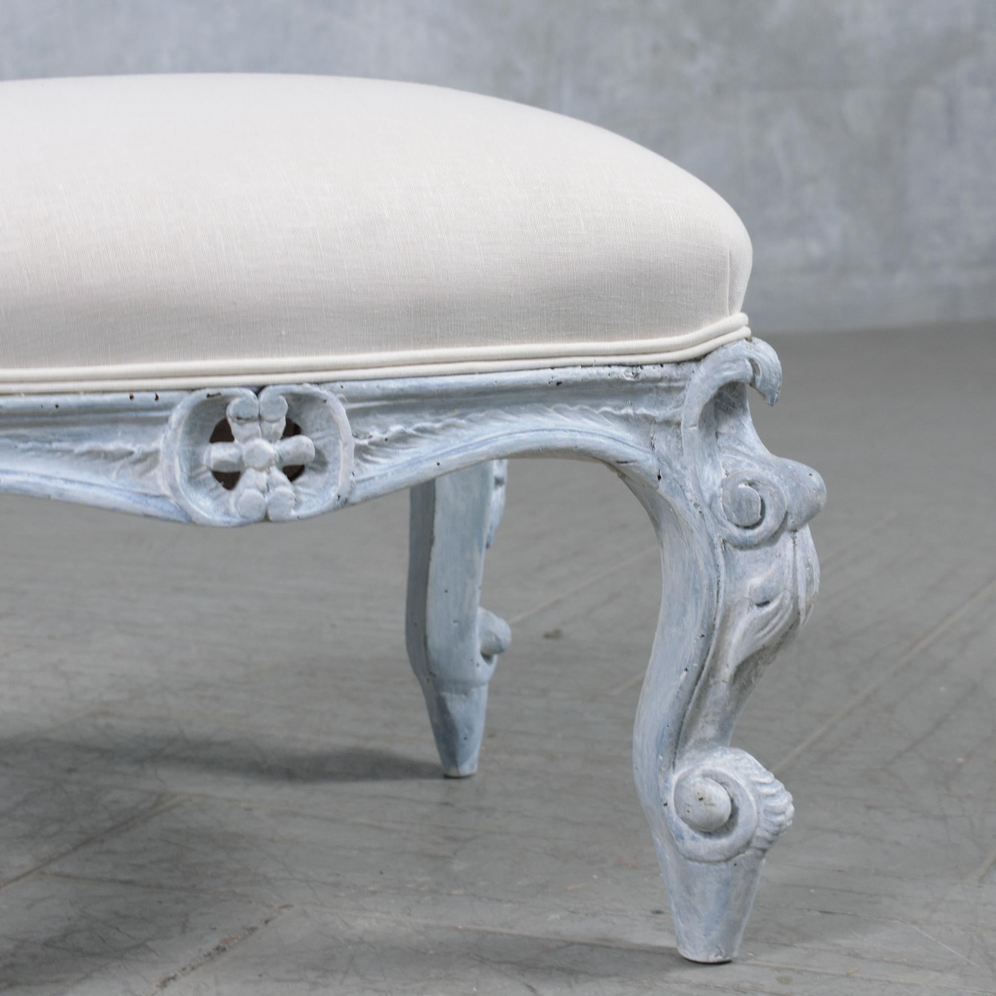 Restored Antique Louis XV Style Footstool in Pale Blue with Linen Upholstery For Sale 2