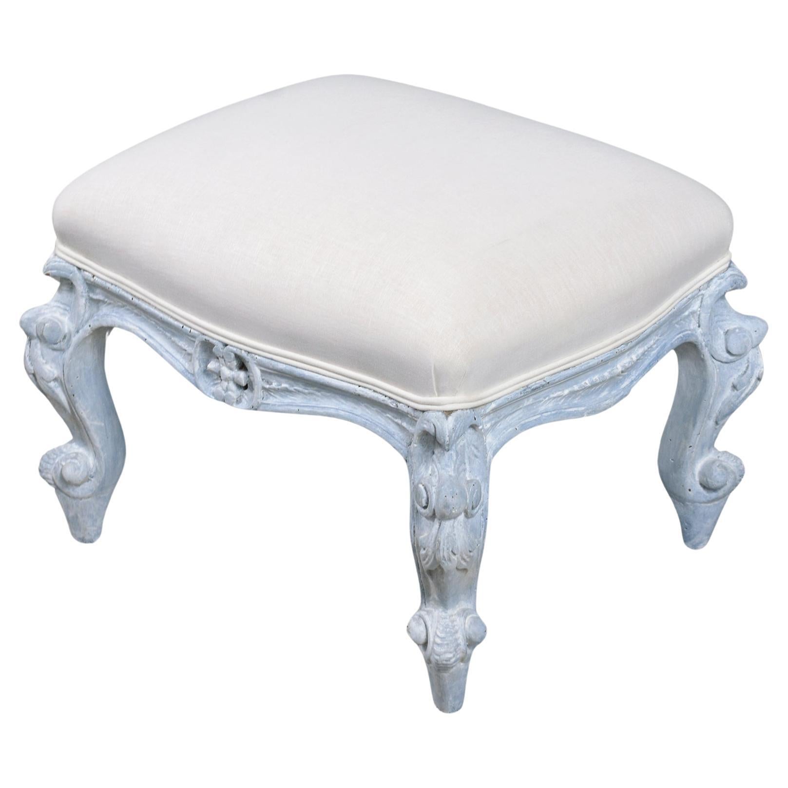 Restored Antique Louis XV Style Footstool in Pale Blue with Linen Upholstery For Sale