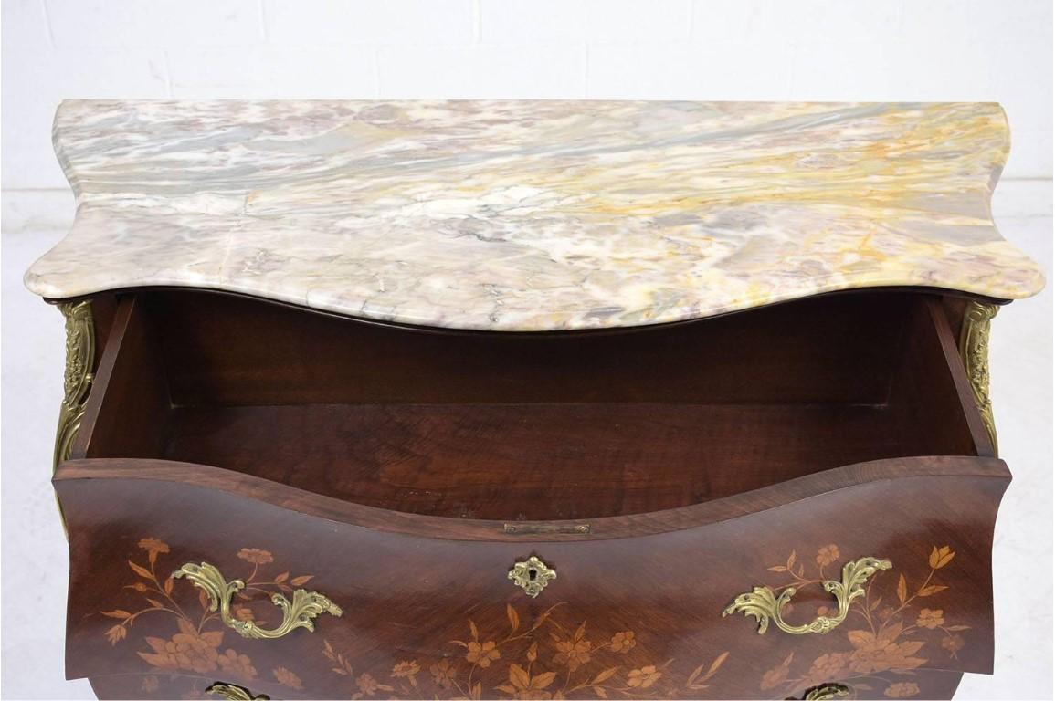 Stained Antique Louis XV-Style Commode with Marble Top: Elegance Restored For Sale