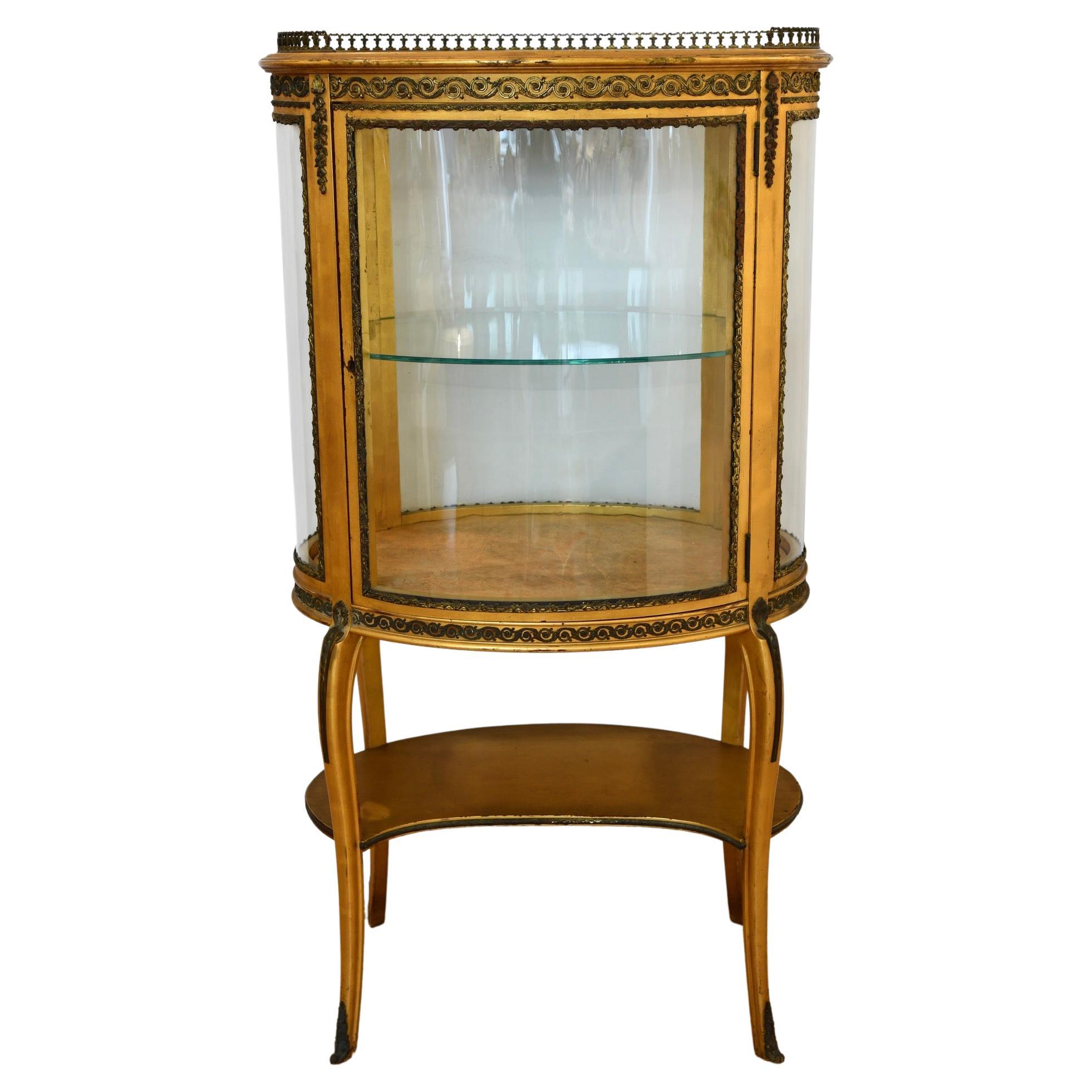 Antique Louis XV Style Gilt Curved Glass Curio