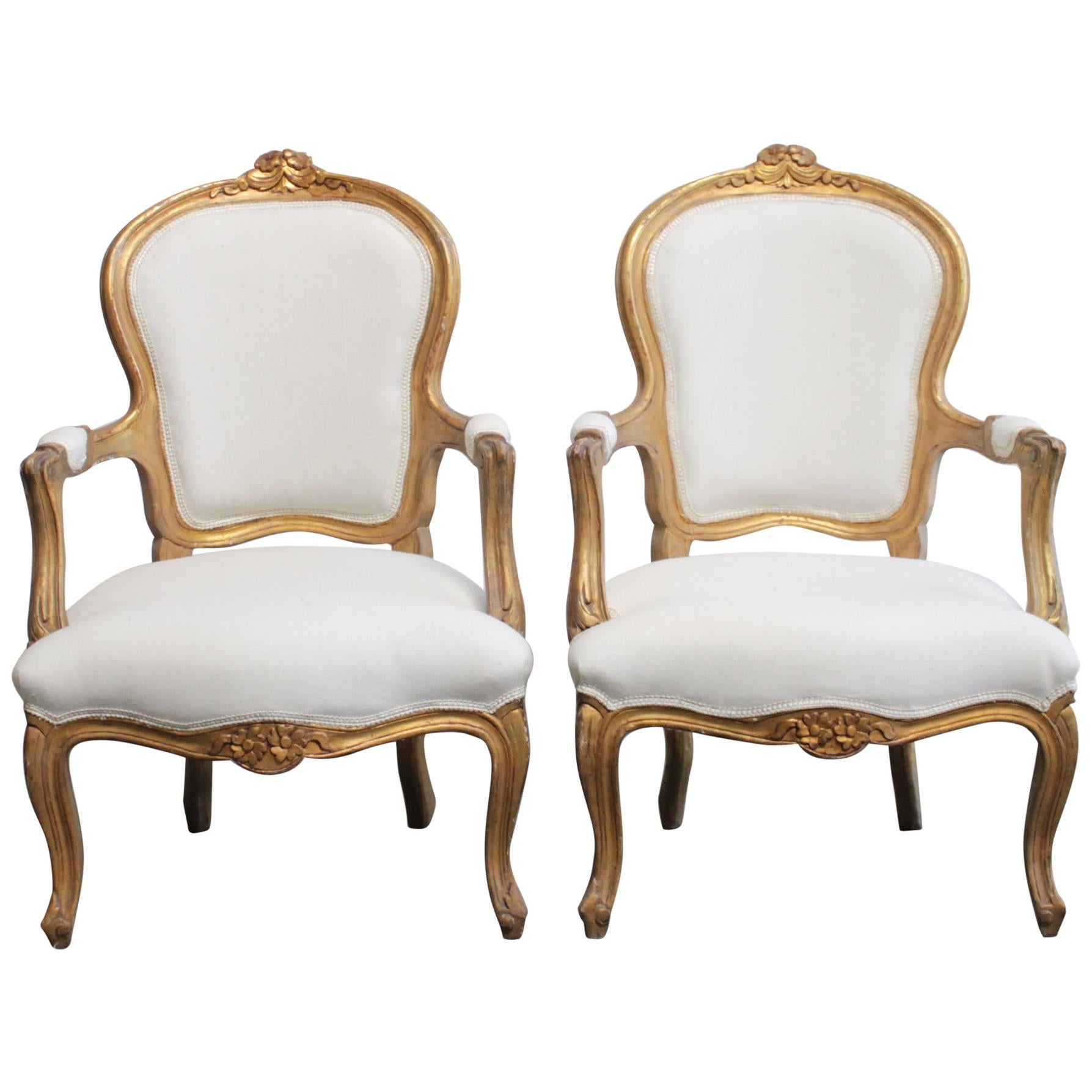 Antique Louis XV Style Giltwood Carved Open Armchairs