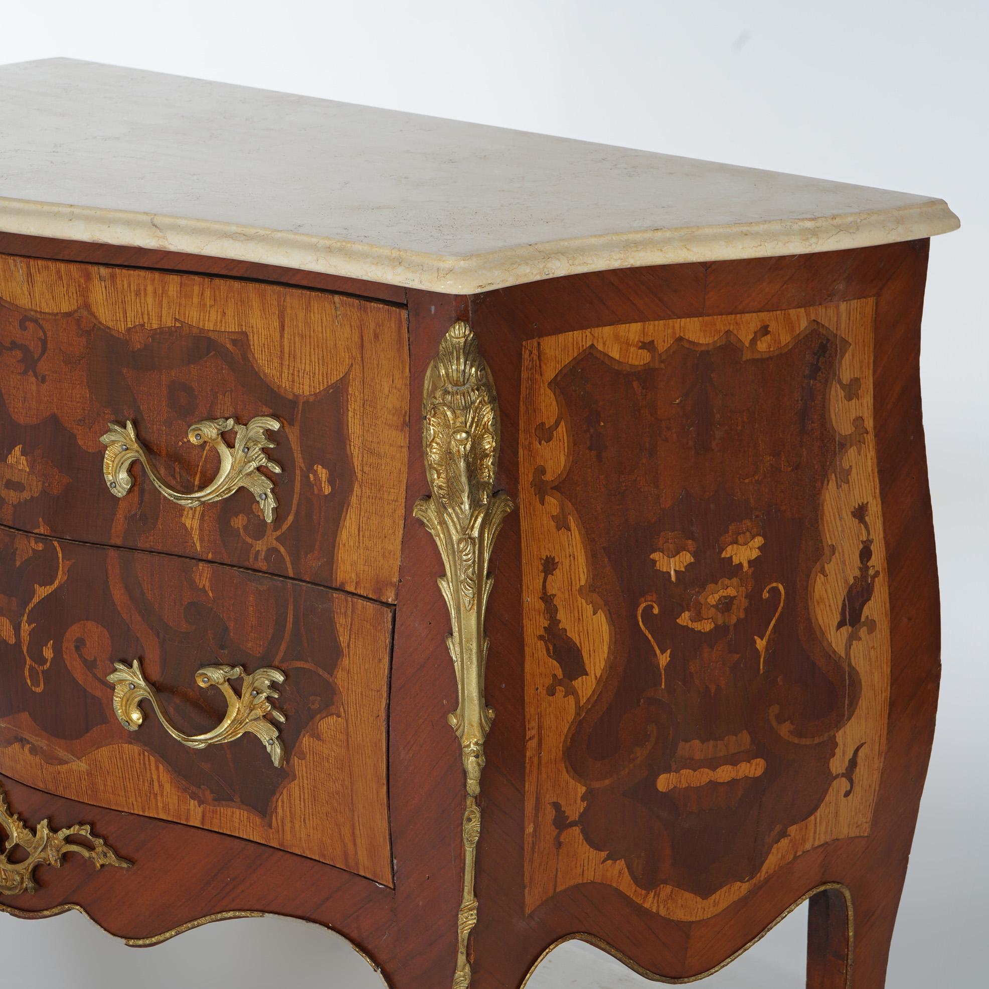 Inlay Antique Louis XV Style Marble, Ormolu, Satinwood & Kingwood Inlaid Commode 20thC For Sale