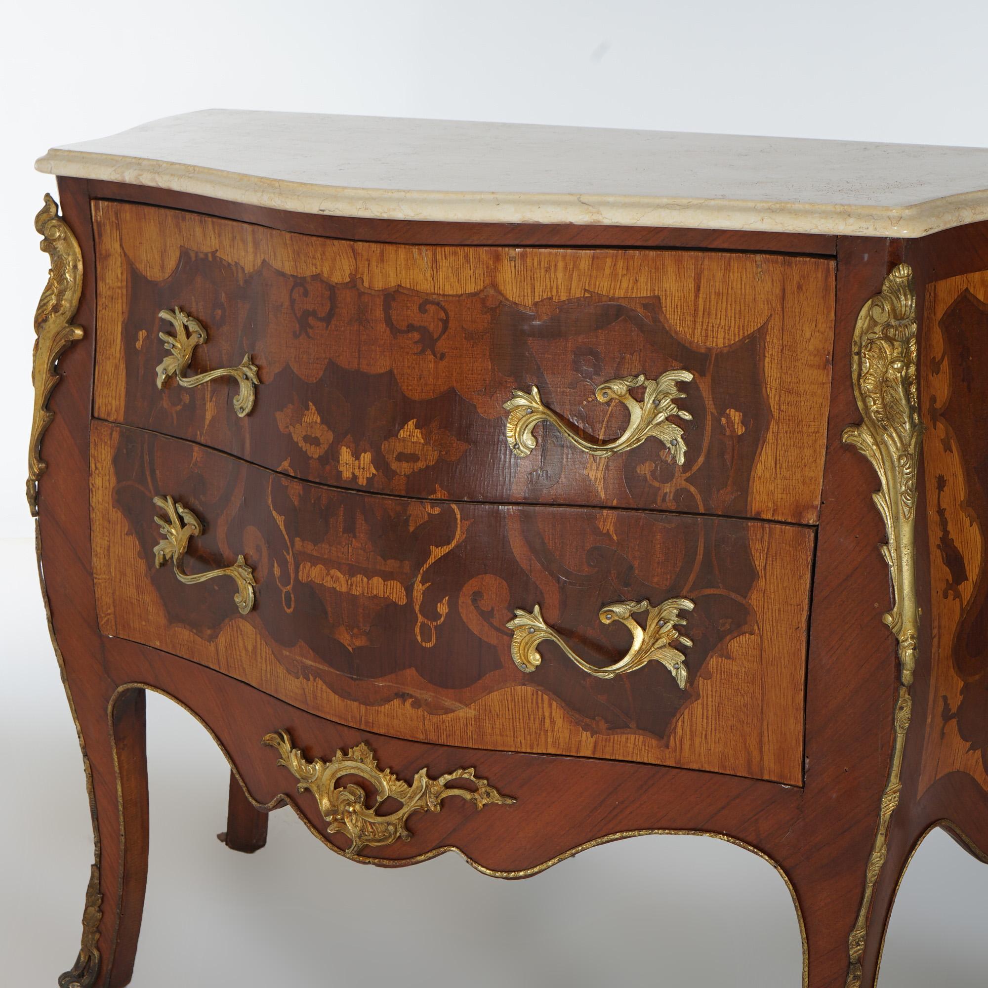 20th Century Antique Louis XV Style Marble, Ormolu, Satinwood & Kingwood Inlaid Commode 20thC For Sale