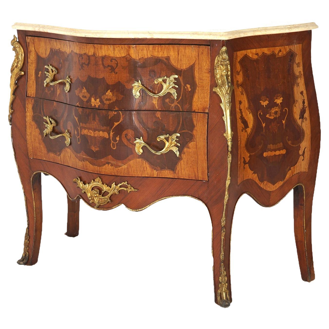 Antique Louis XV Style Marble, Ormolu, Satinwood & Kingwood Inlaid Commode 20thC For Sale