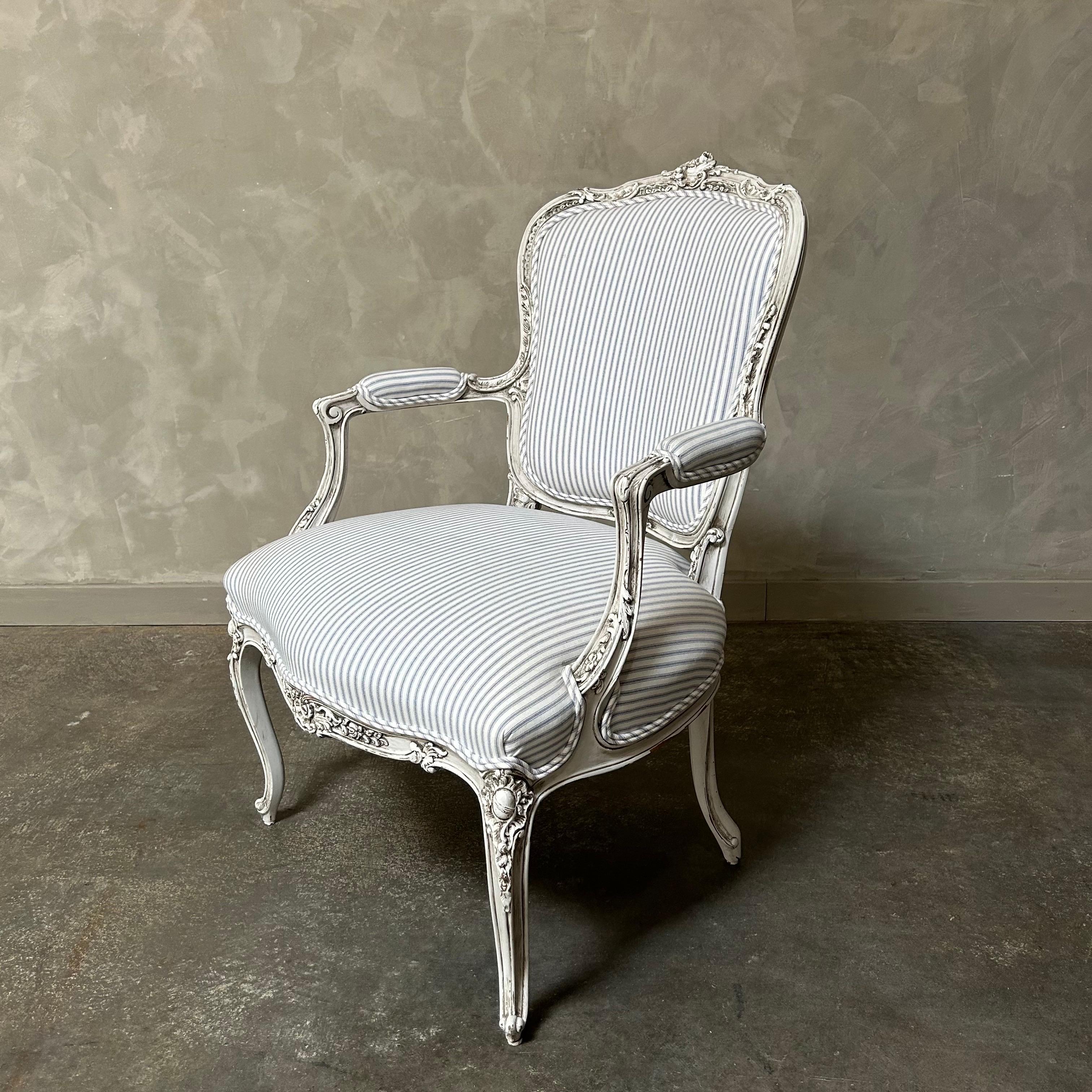 Linen Antique Louis XV style open arm chair For Sale