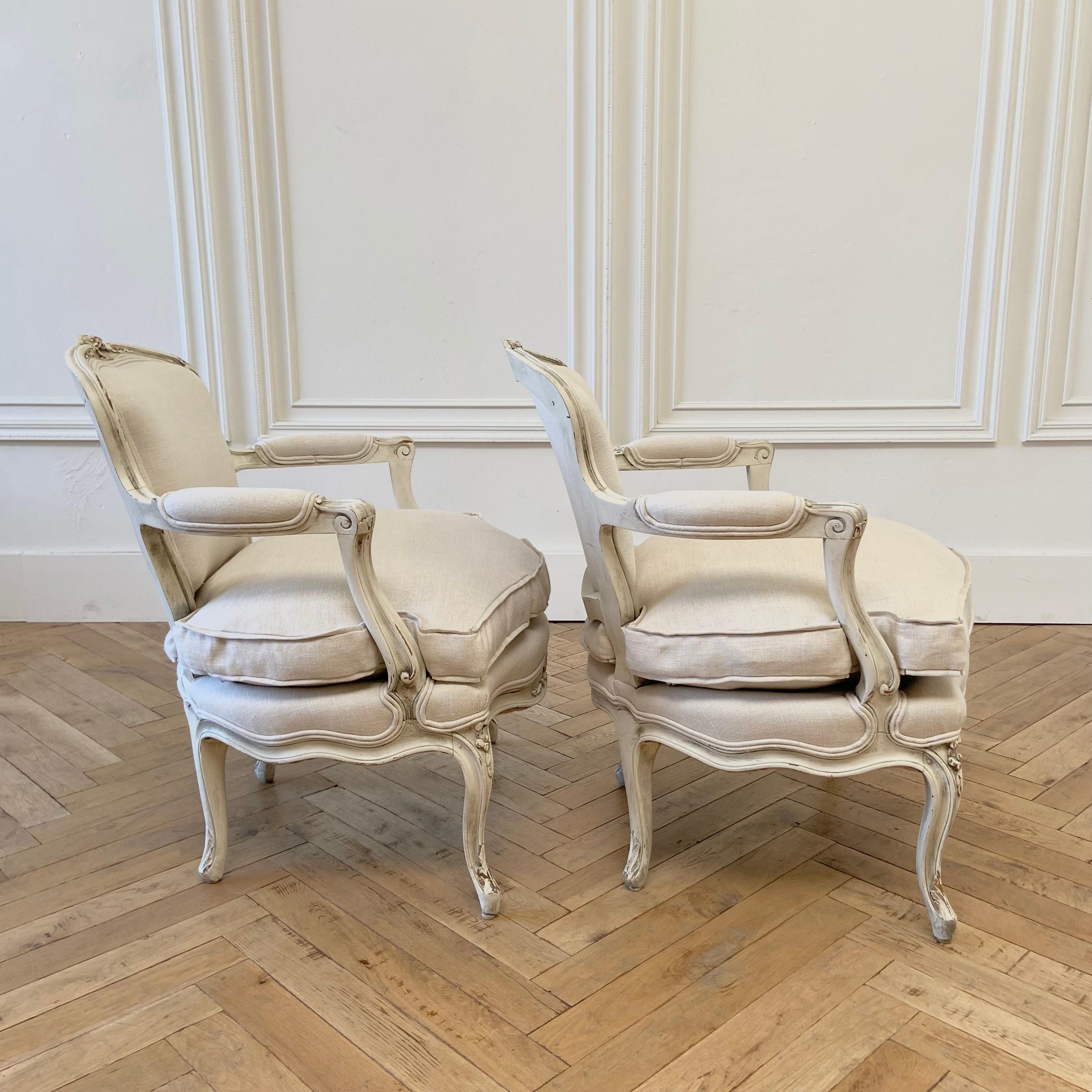 European Antique Louis XV Style Open Arm Chairs in Linen