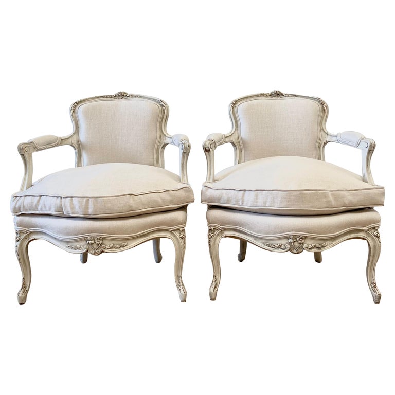 Antique Louis XV Style Open Arm Chairs in Linen For Sale