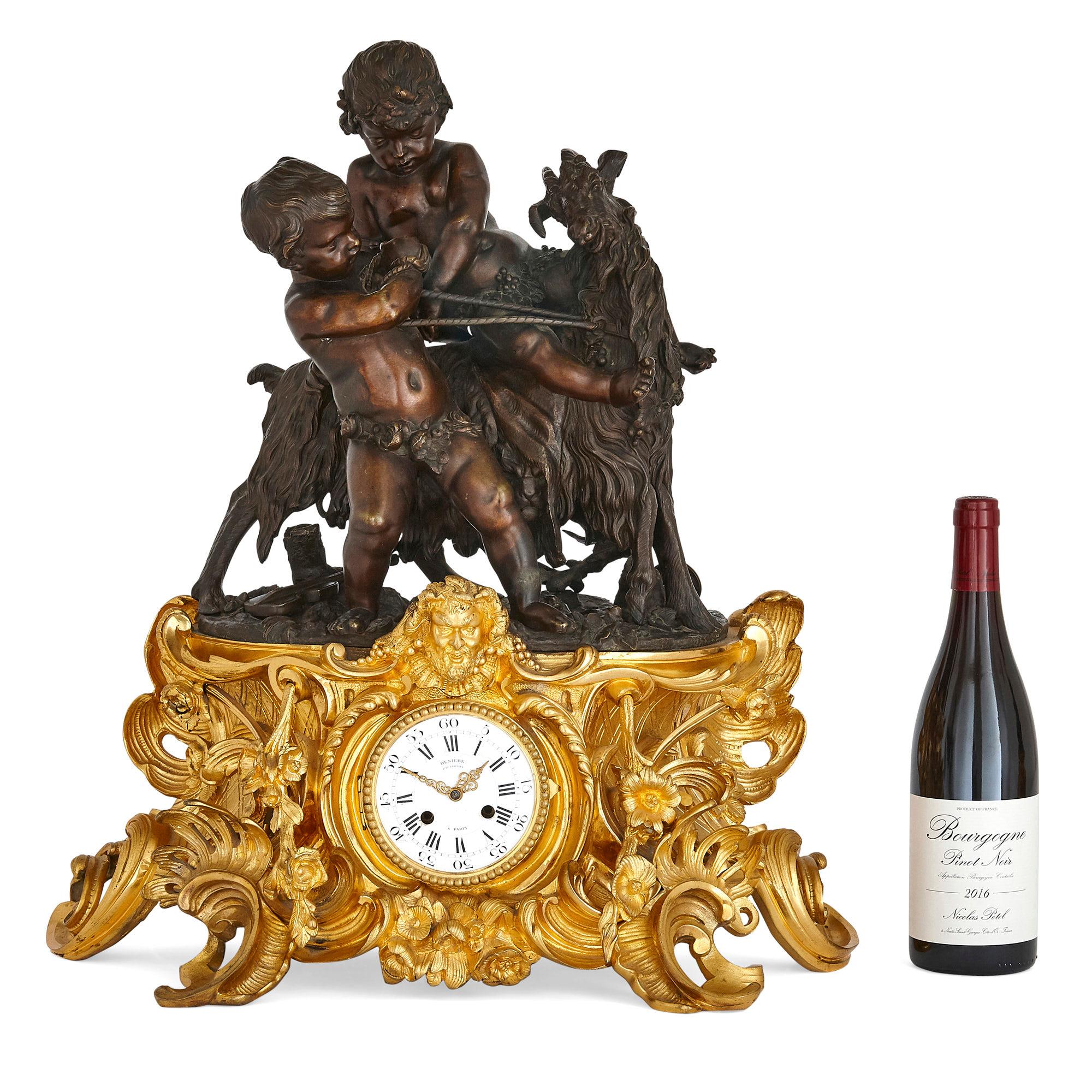 Antique Louis XV Style Ormolu and Patinated Bronze Clock Set by Denière et FIls For Sale 5