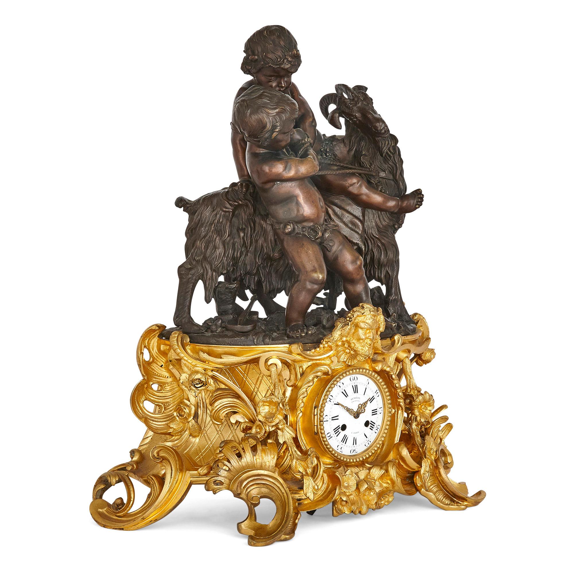 French Antique Louis XV Style Ormolu and Patinated Bronze Clock Set by Denière et FIls For Sale
