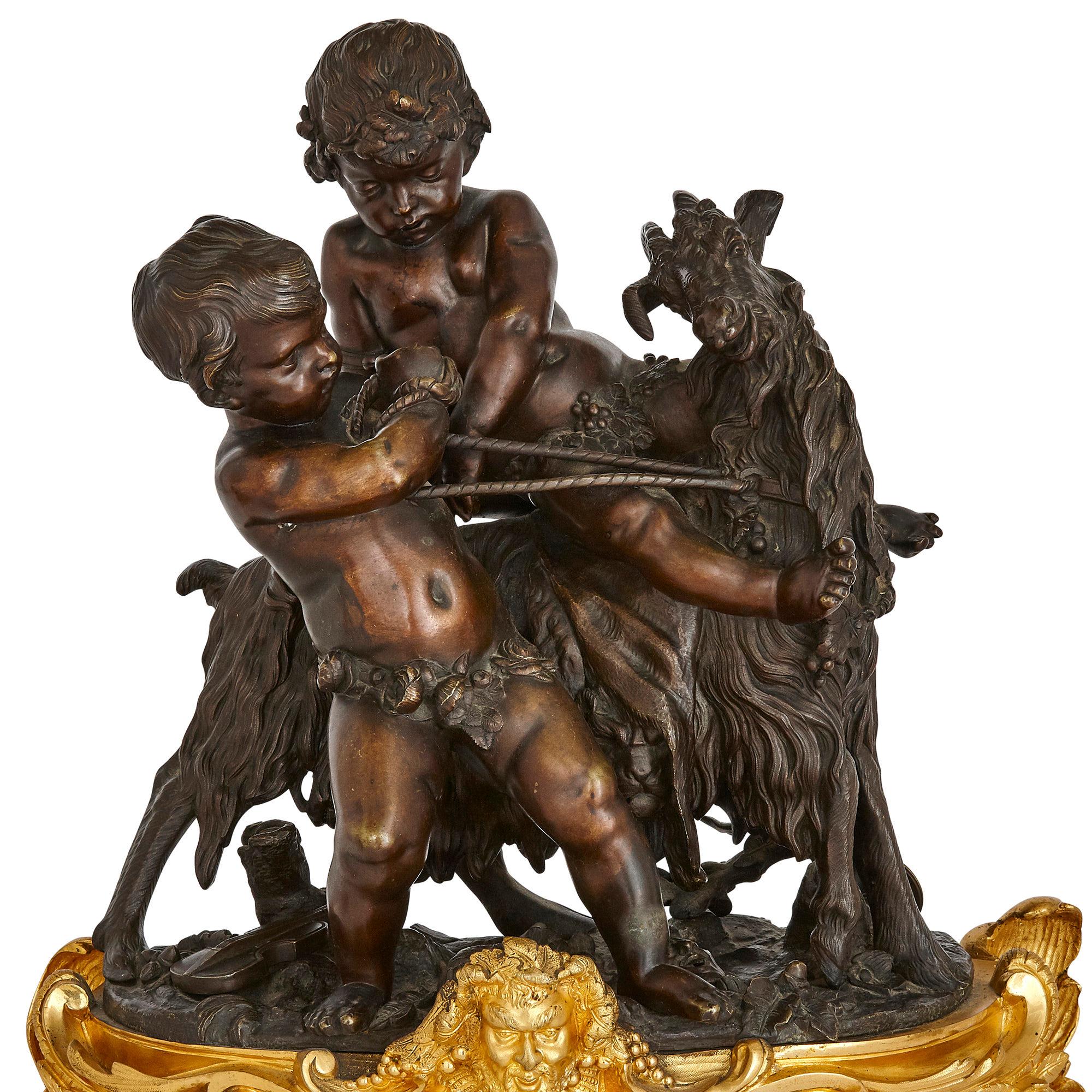 Antique Louis XV Style Ormolu and Patinated Bronze Clock Set by Denière et FIls In Good Condition For Sale In London, GB