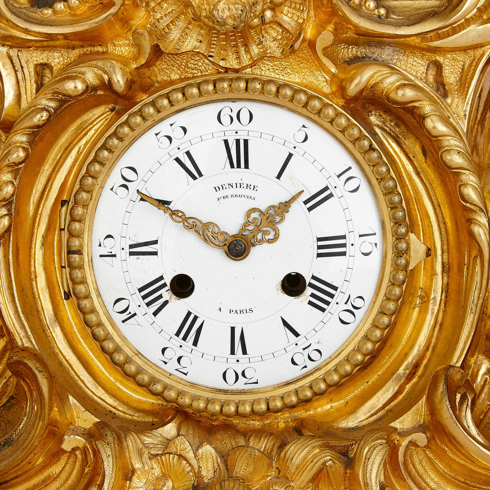 19th Century Antique Louis XV Style Ormolu and Patinated Bronze Clock Set by Denière et FIls For Sale