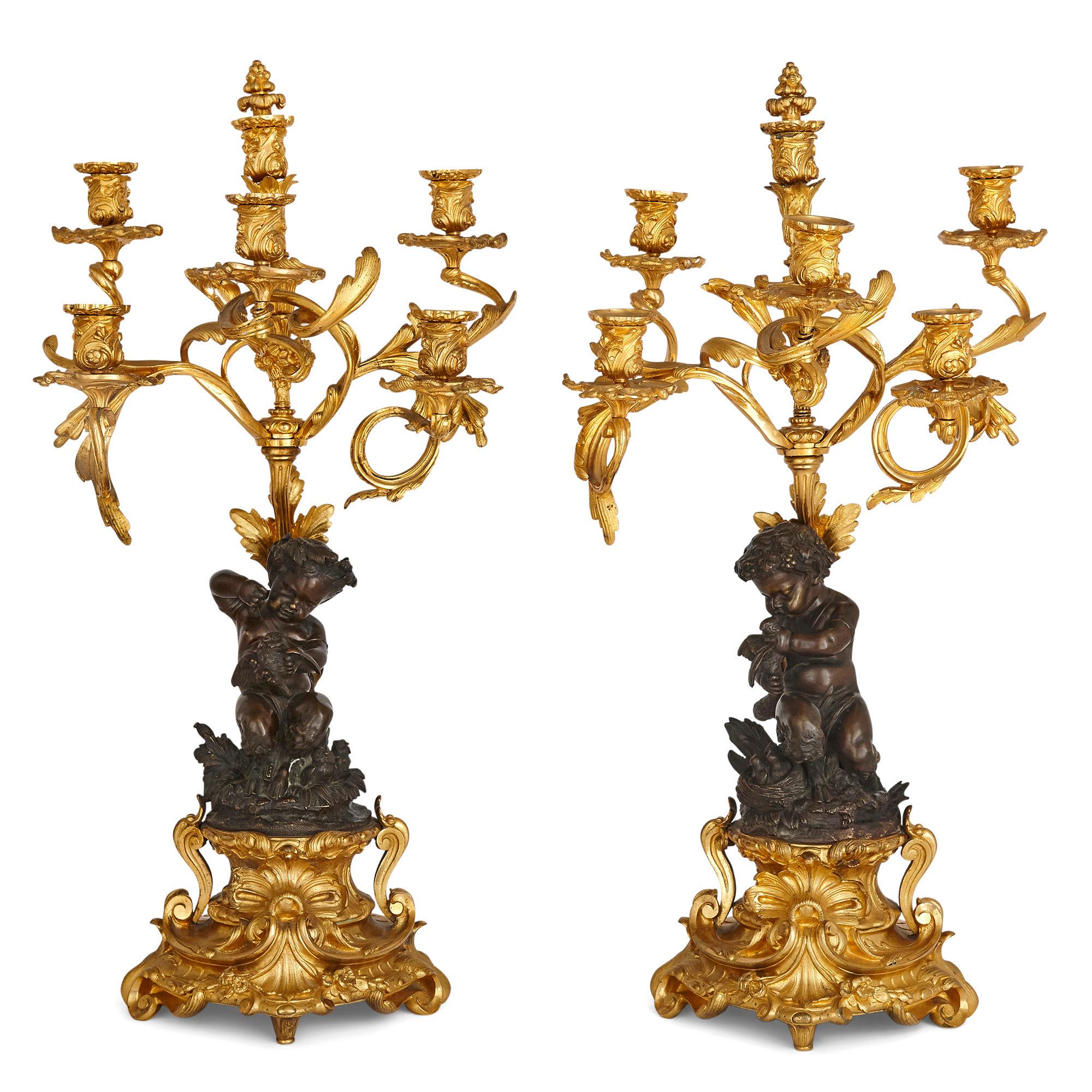 Antique Louis XV Style Ormolu and Patinated Bronze Clock Set by Denière et FIls For Sale 2