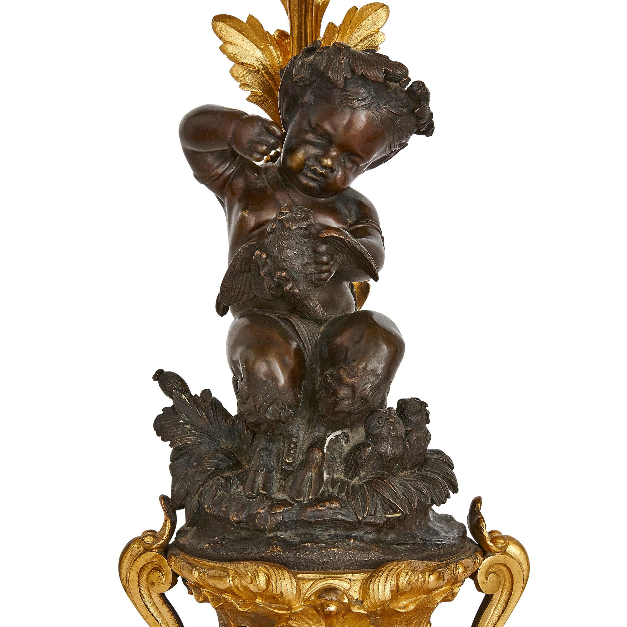 Antique Louis XV Style Ormolu and Patinated Bronze Clock Set by Denière et FIls For Sale 3