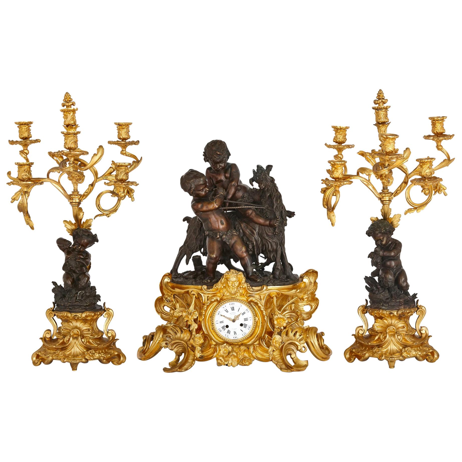 Antique Louis XV Style Ormolu and Patinated Bronze Clock Set by Denière et FIls