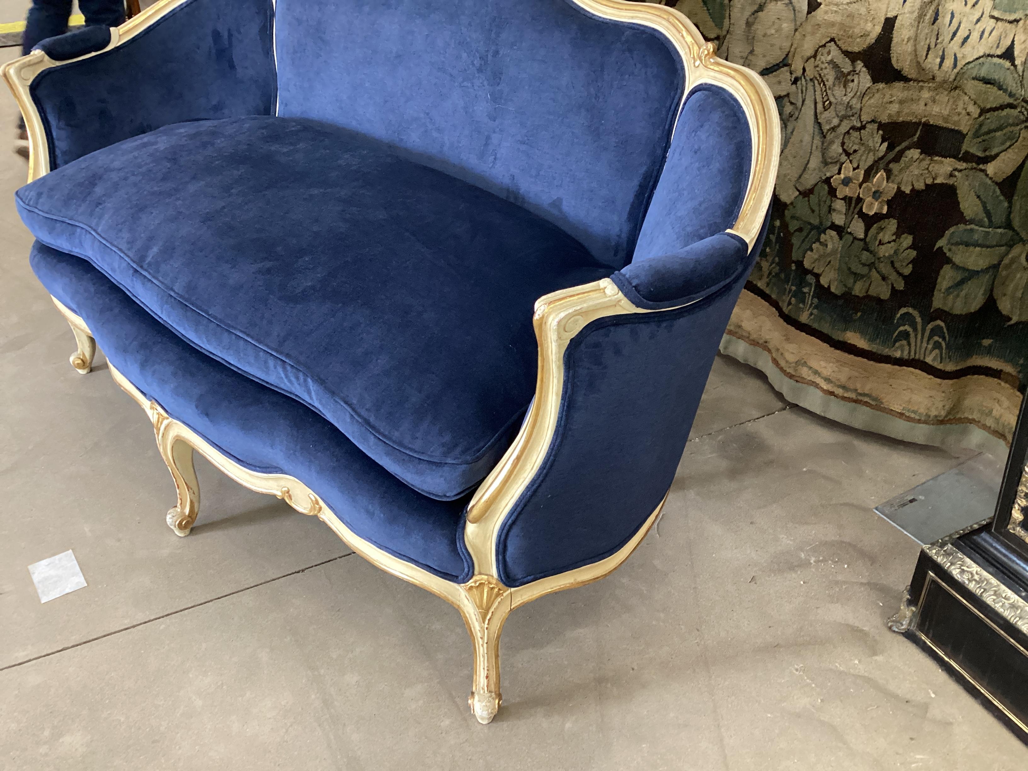 French “Two Available” Antique Louis XV Style Painted and Gilt Settee For Sale