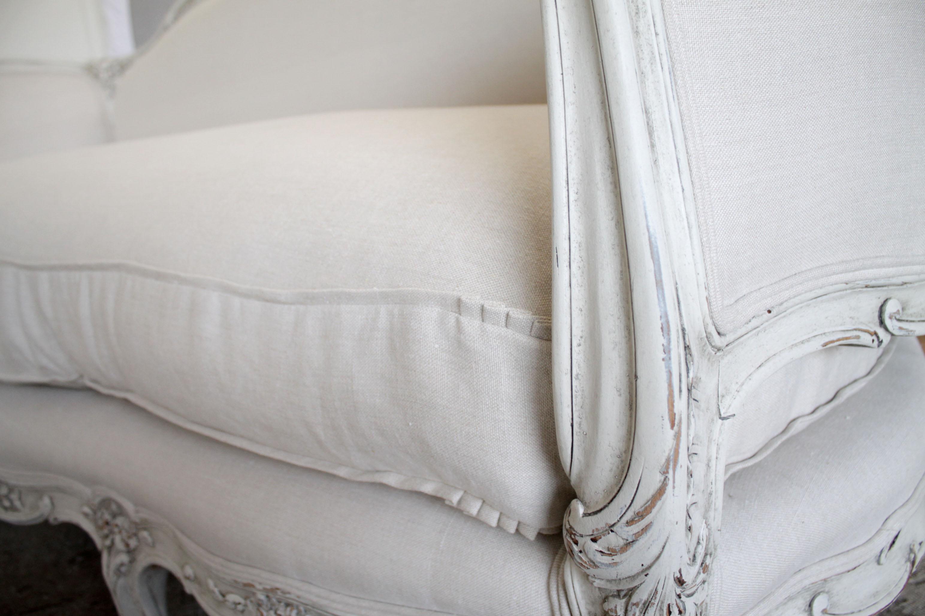 Antique Louis XV Style Painted and Upholstered French Sofa in Belgian Linen 4
