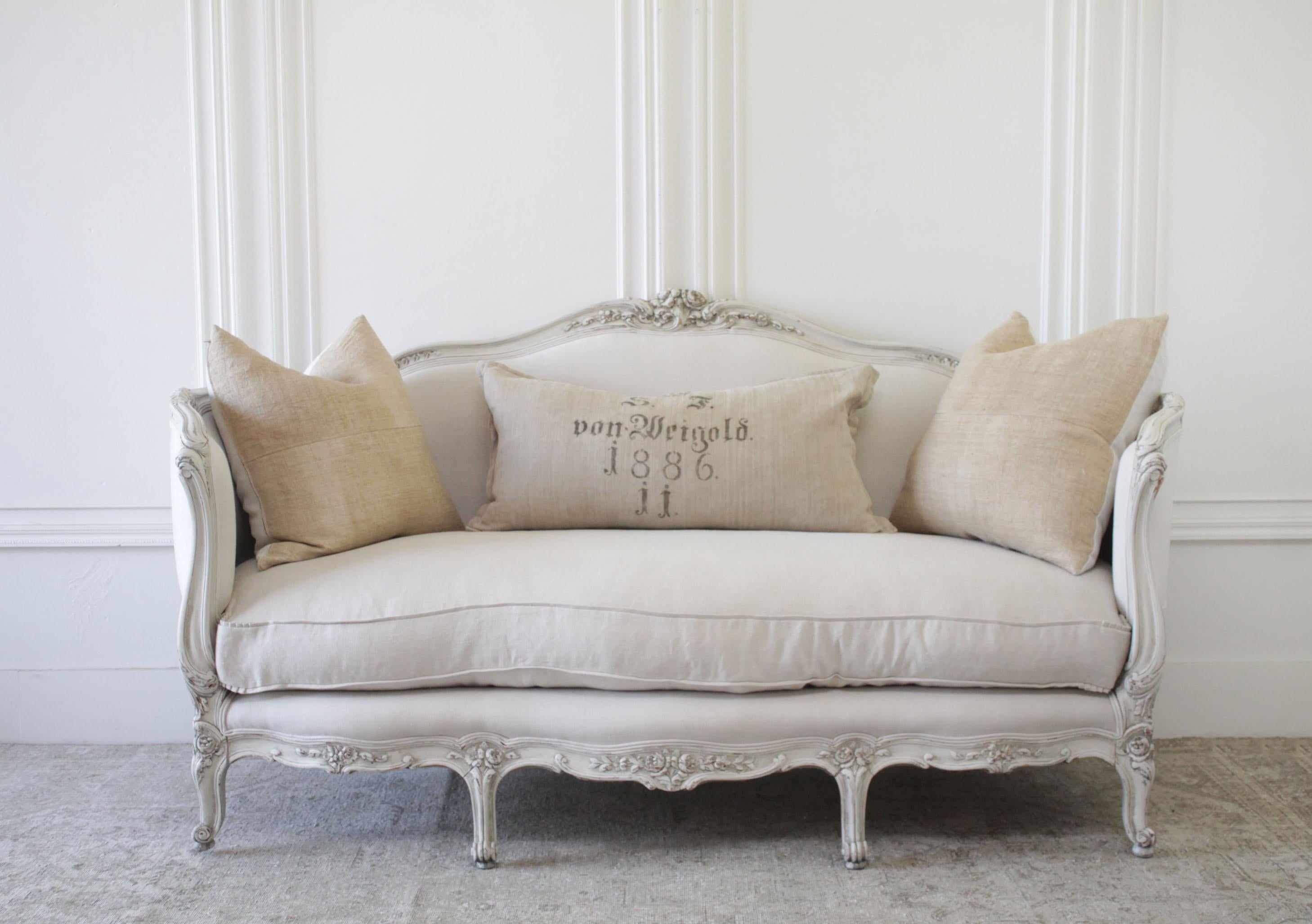 European Antique Louis XV Style Painted and Upholstered French Sofa in Belgian Linen