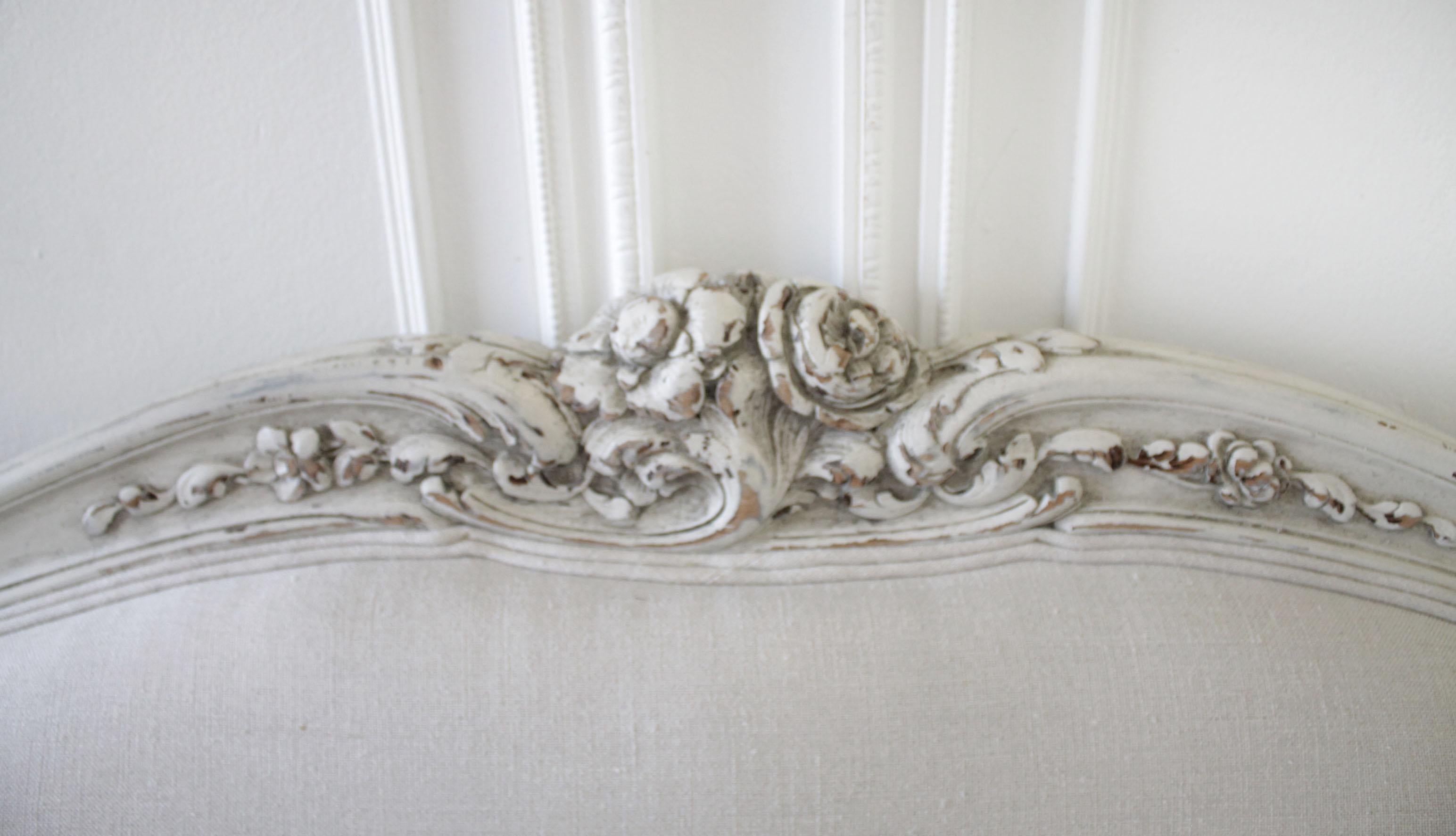 Antique Louis XV Style Painted and Upholstered French Sofa in Belgian Linen In Good Condition In Brea, CA