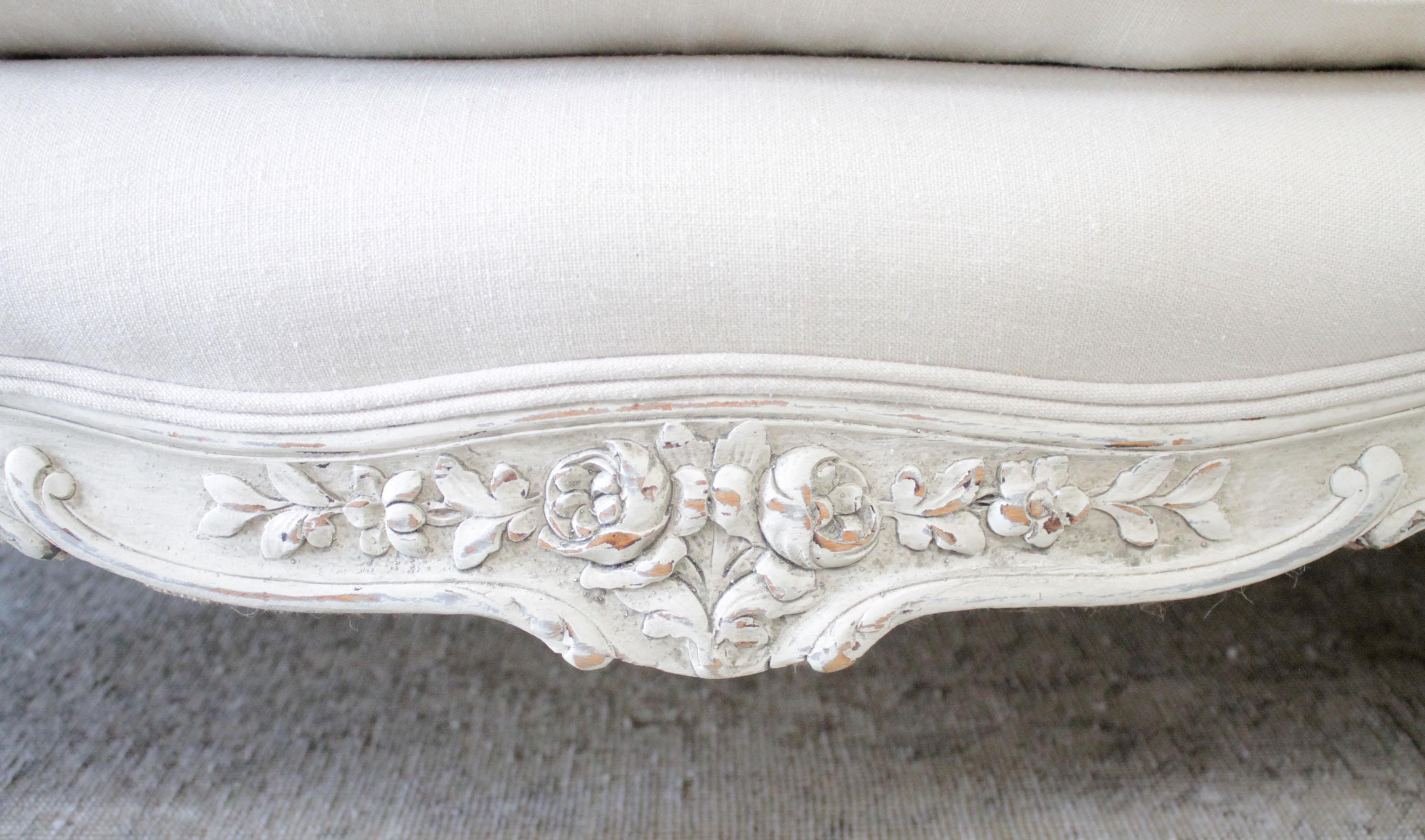 20th Century Antique Louis XV Style Painted and Upholstered French Sofa in Belgian Linen
