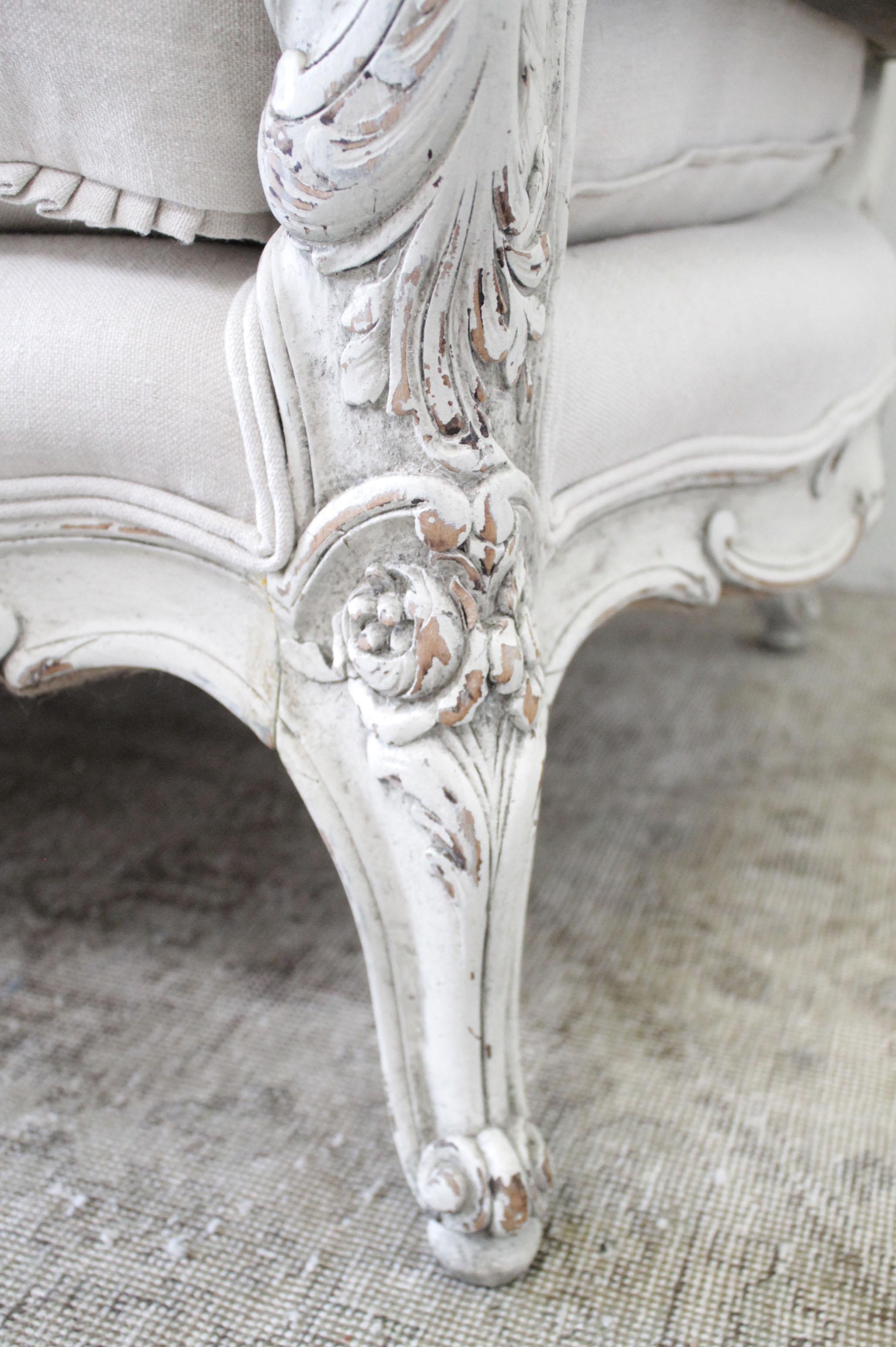 Wood Antique Louis XV Style Painted and Upholstered French Sofa in Belgian Linen
