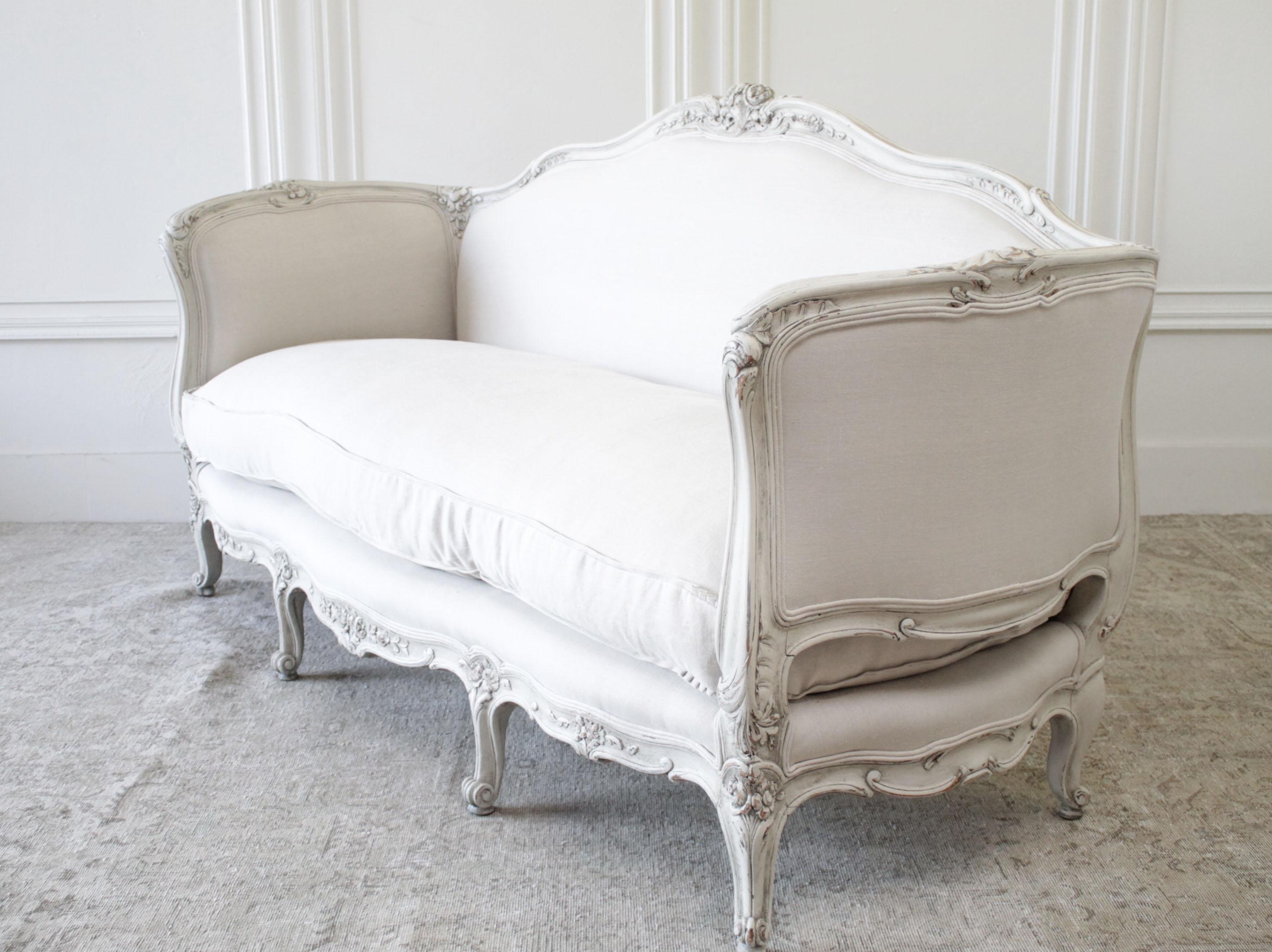 Antique Louis XV Style Painted and Upholstered French Sofa in Belgian Linen 1