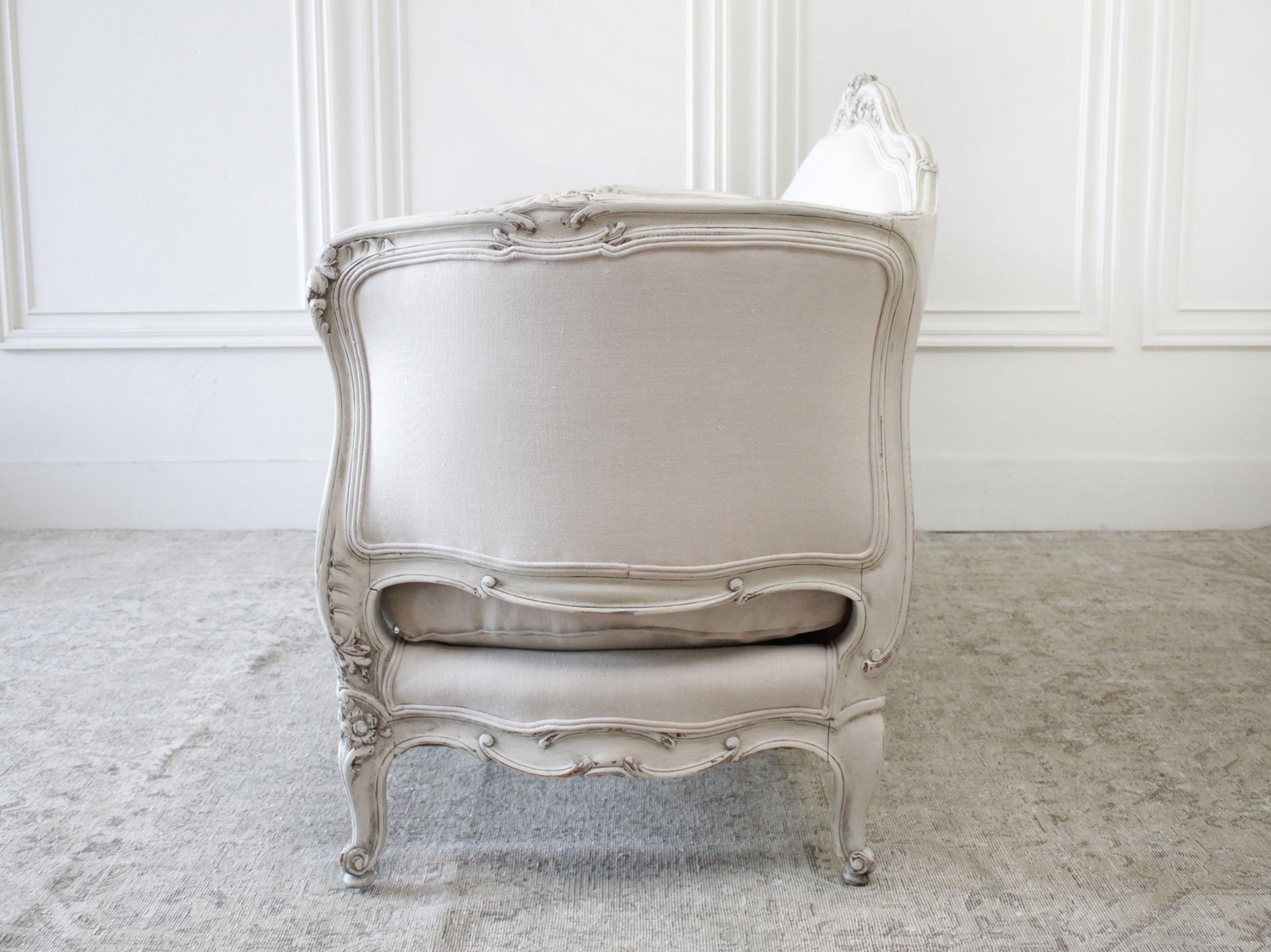 Antique Louis XV Style Painted and Upholstered French Sofa in Belgian Linen 2