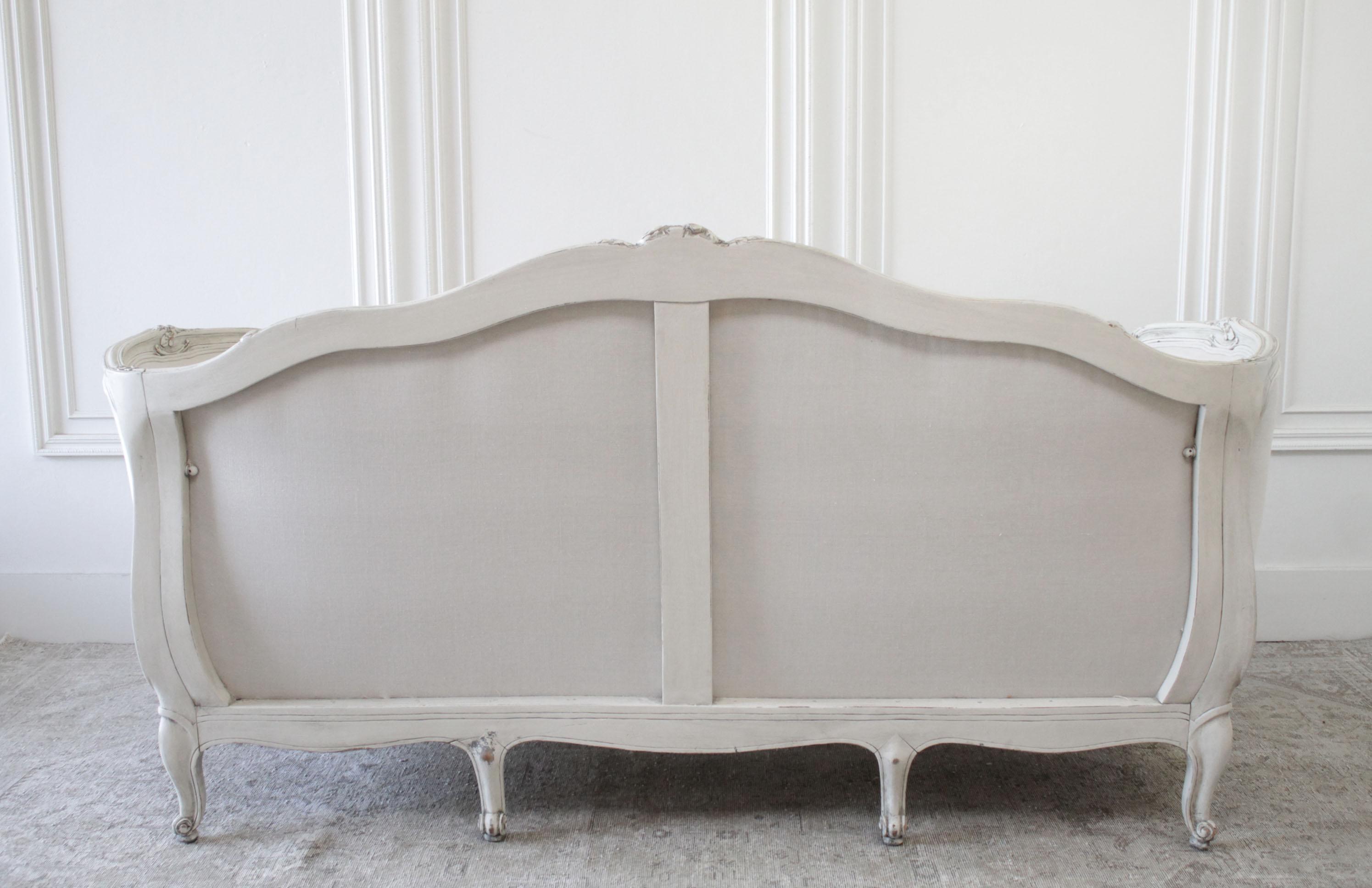 Antique Louis XV Style Painted and Upholstered French Sofa in Belgian Linen 3