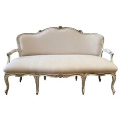 Antique Louis XV Style Painted and Upholstered Settee in Natural Oatmeal Linen
