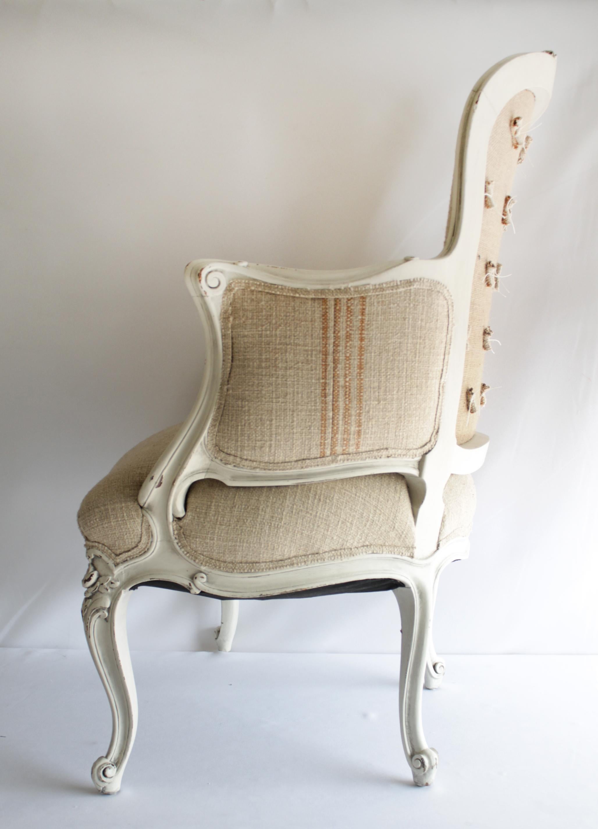 Antique Louis XV Style Painted French Bergere Chair with Linen Upholstery 2