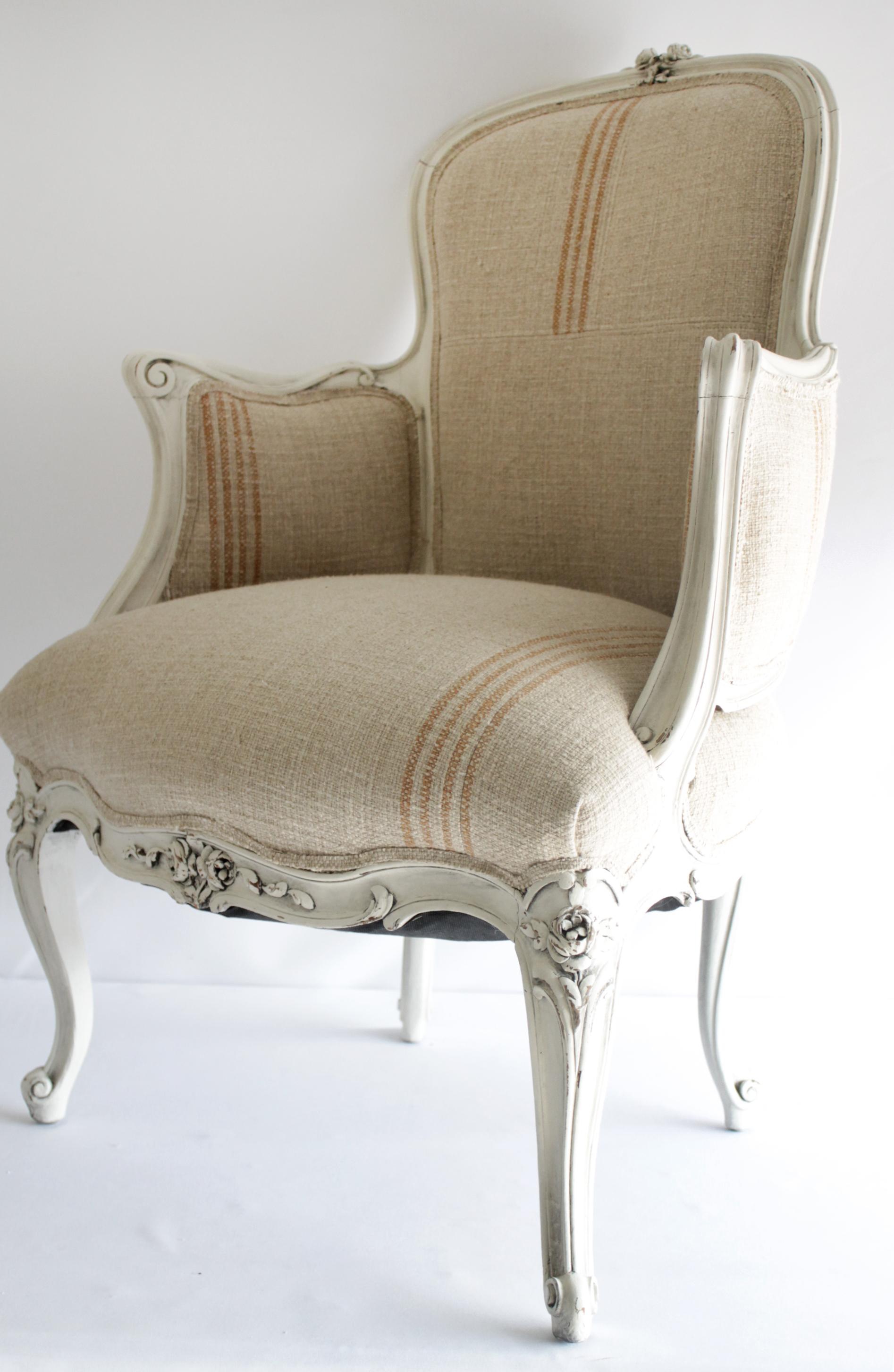 Burlap Antique Louis XV Style Painted French Bergère Chair with Linen Upholstery