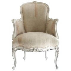Antique Louis XV Style Painted French Bergere Chair with Linen Upholstery
