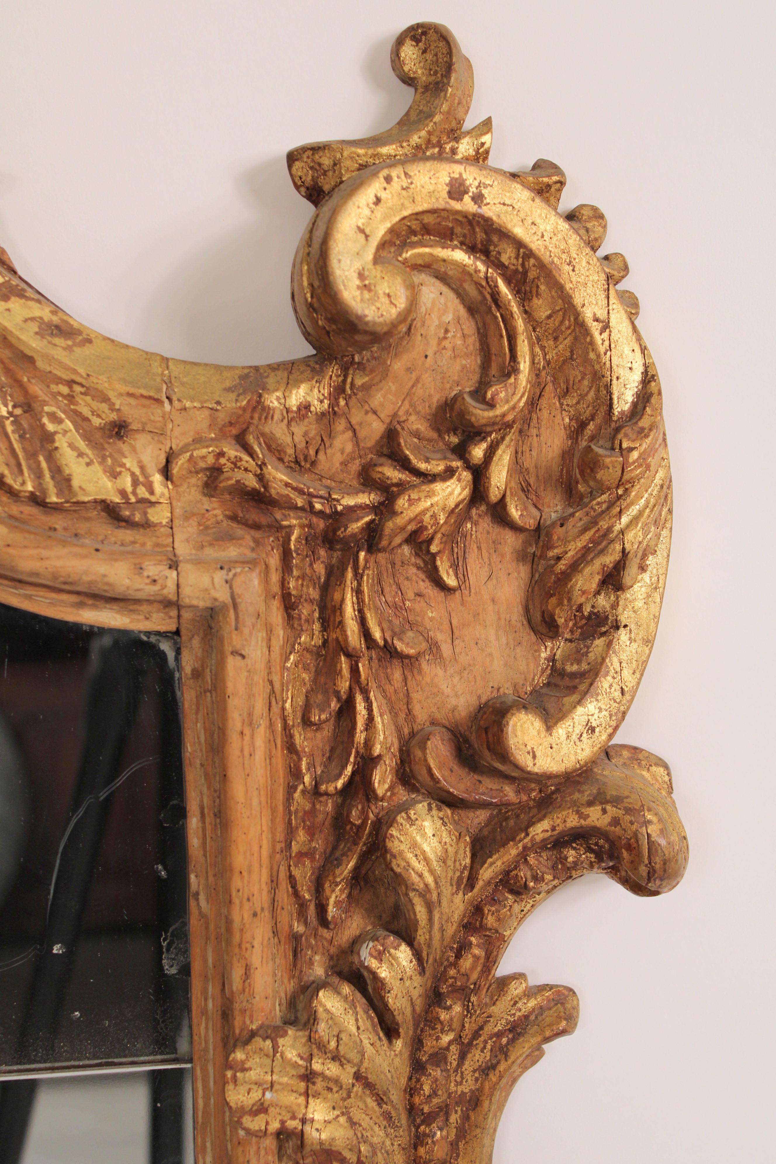 Gold Leaf Antique Louis XV Style Partial Gilt Wall Mirror For Sale