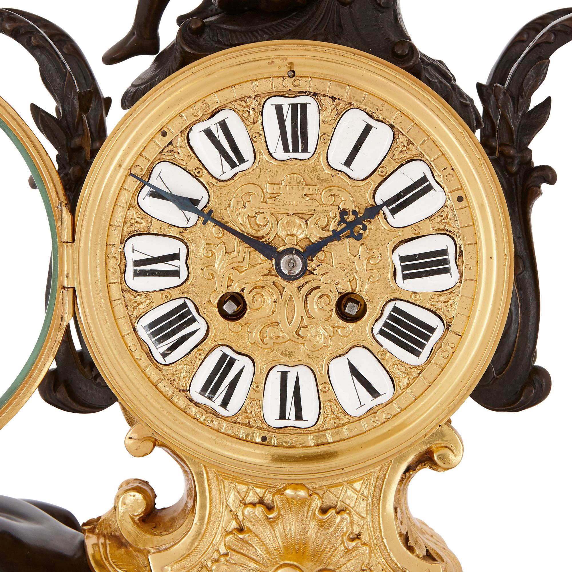 French Antique Louis XV Style Patinated and Gilt Bronze Clock For Sale