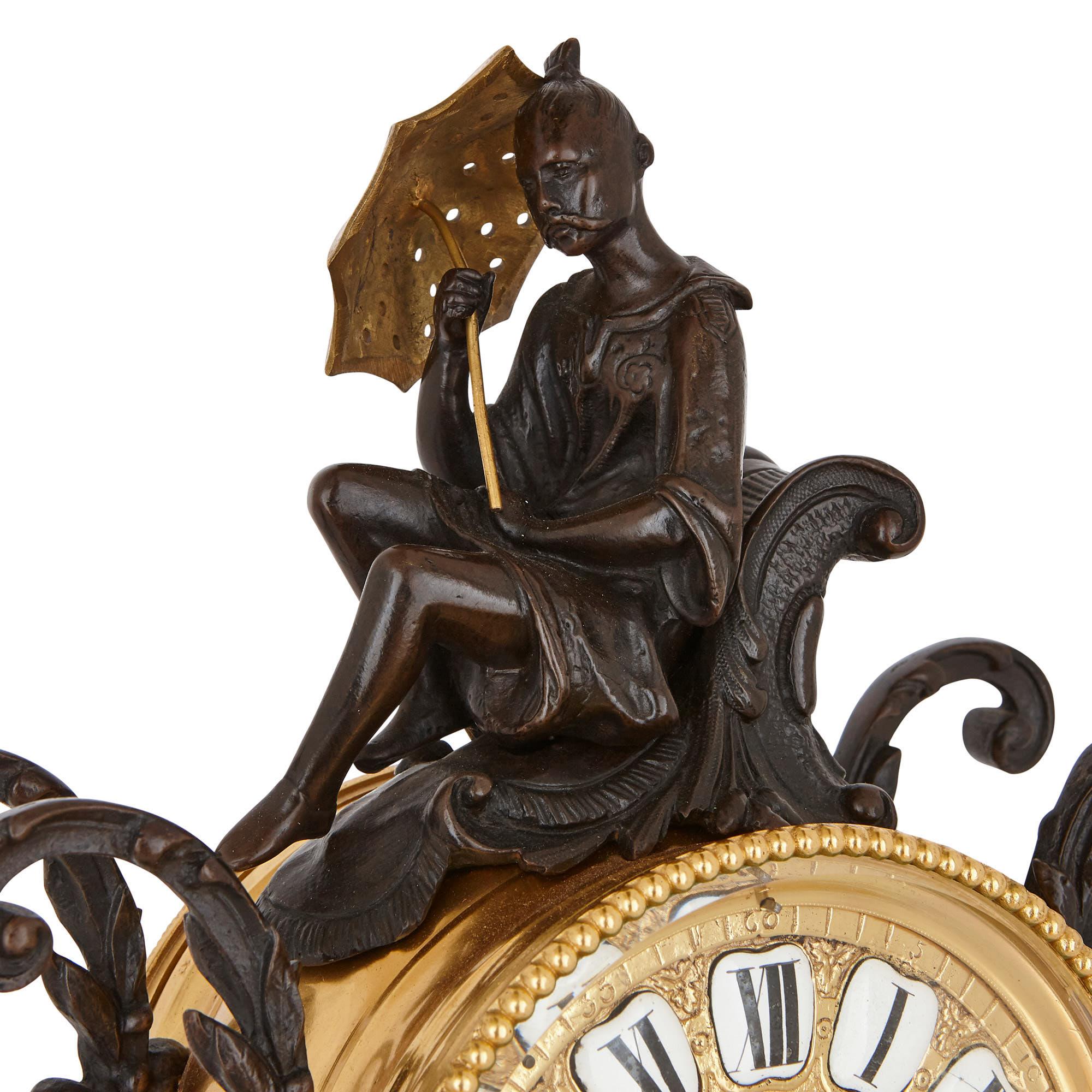 Antike antike Uhr aus patinierter und vergoldeter Bronze im Louis-XV-Stil (Französisch) im Angebot