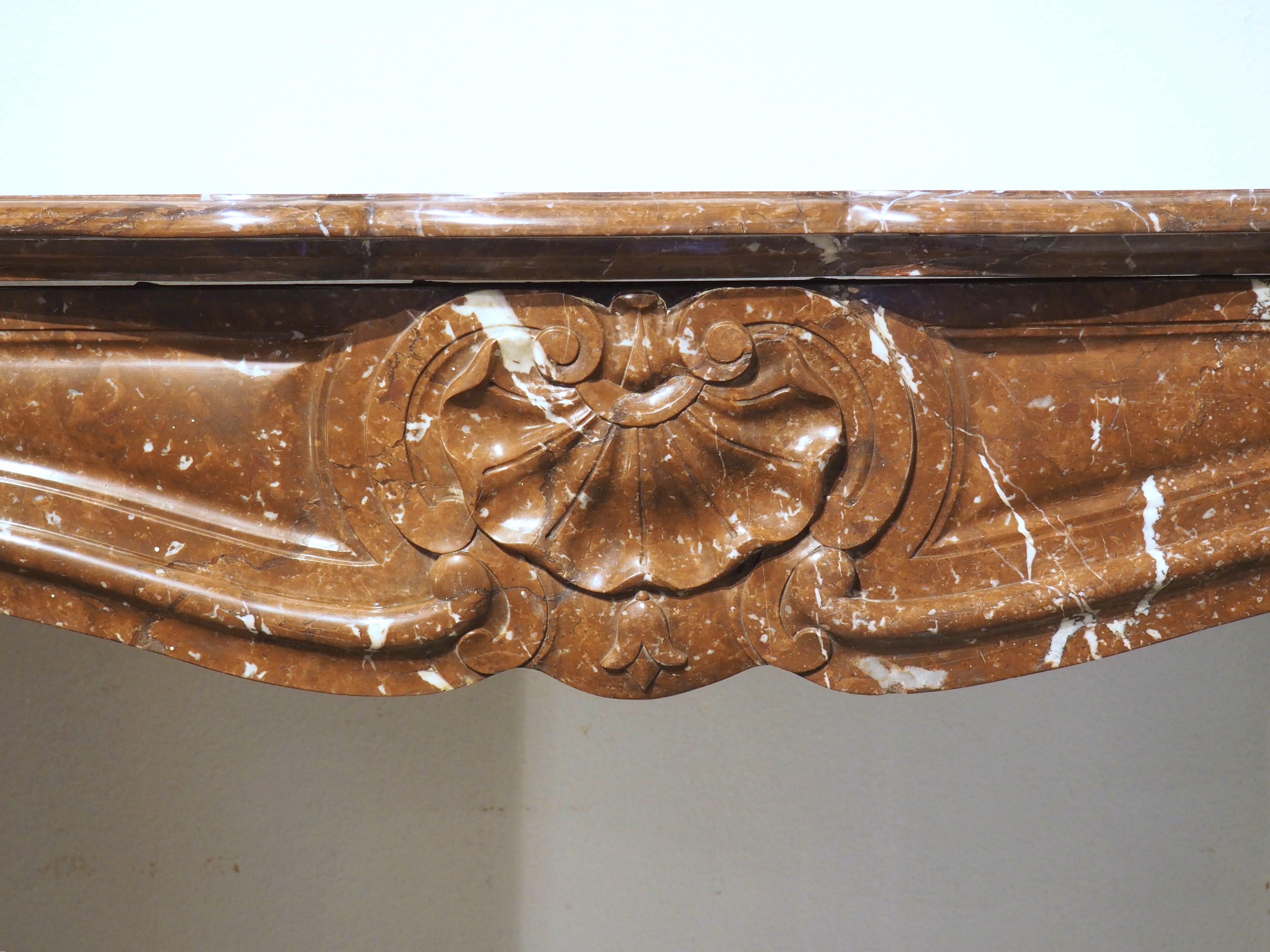 Hand-Carved Antique Louis XV Style Rouge de France Marble Fireplace Mantel, 19th Century For Sale
