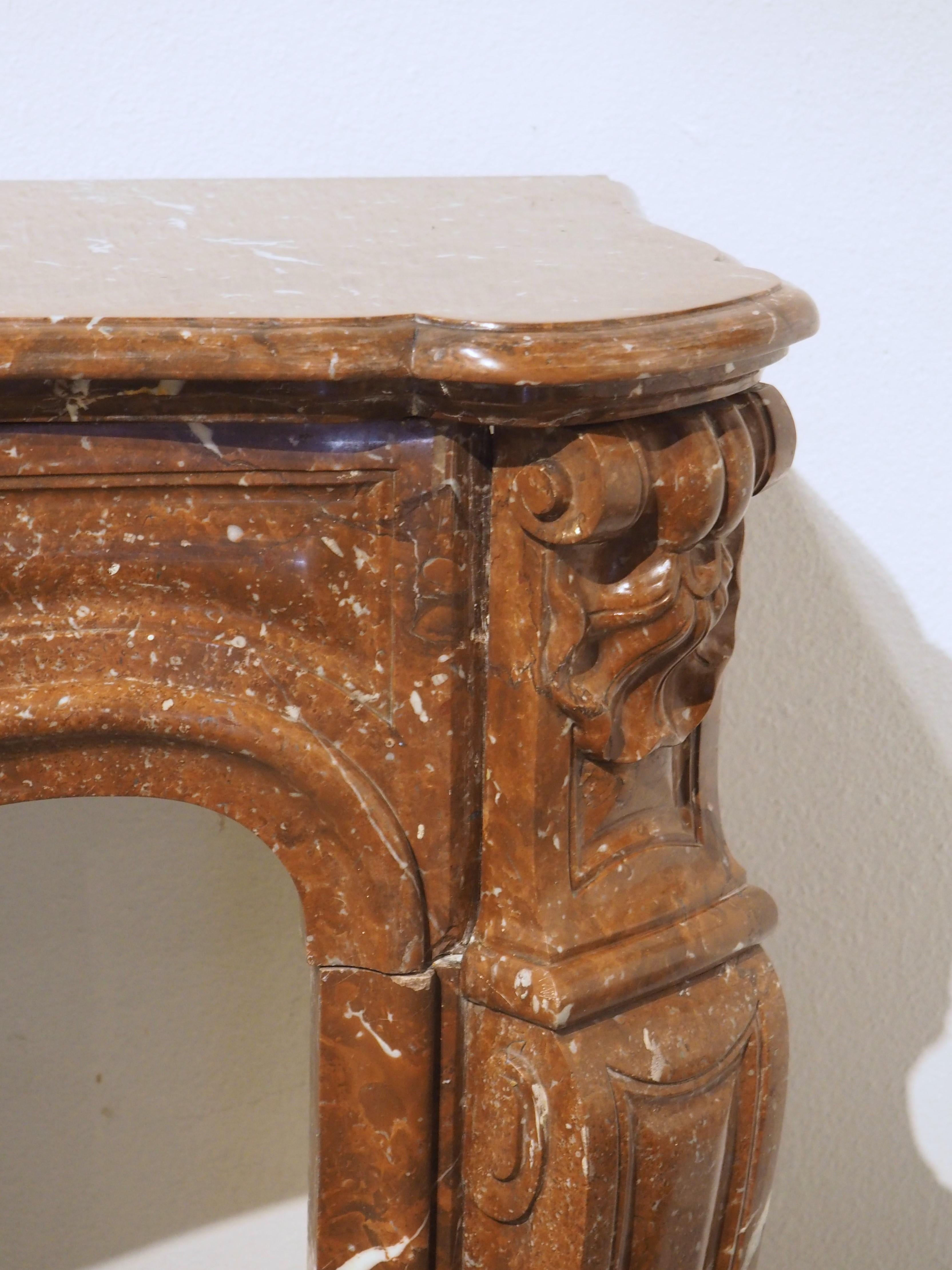 Antique Louis XV Style Rouge de France Marble Fireplace Mantel, 19th Century In Good Condition For Sale In Dallas, TX